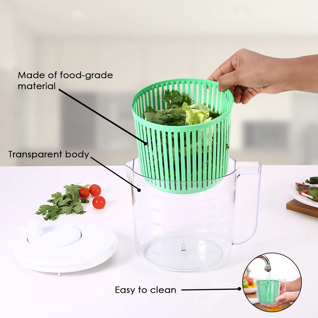 Vegetable Cleaner and Salad Spinner, Removes Excess Water and Pesticides, Cleans Vegetables Thoroughly, Use for Mixing Salad with Dressing, Food-grade Plastic, Transparent Body - Image 5