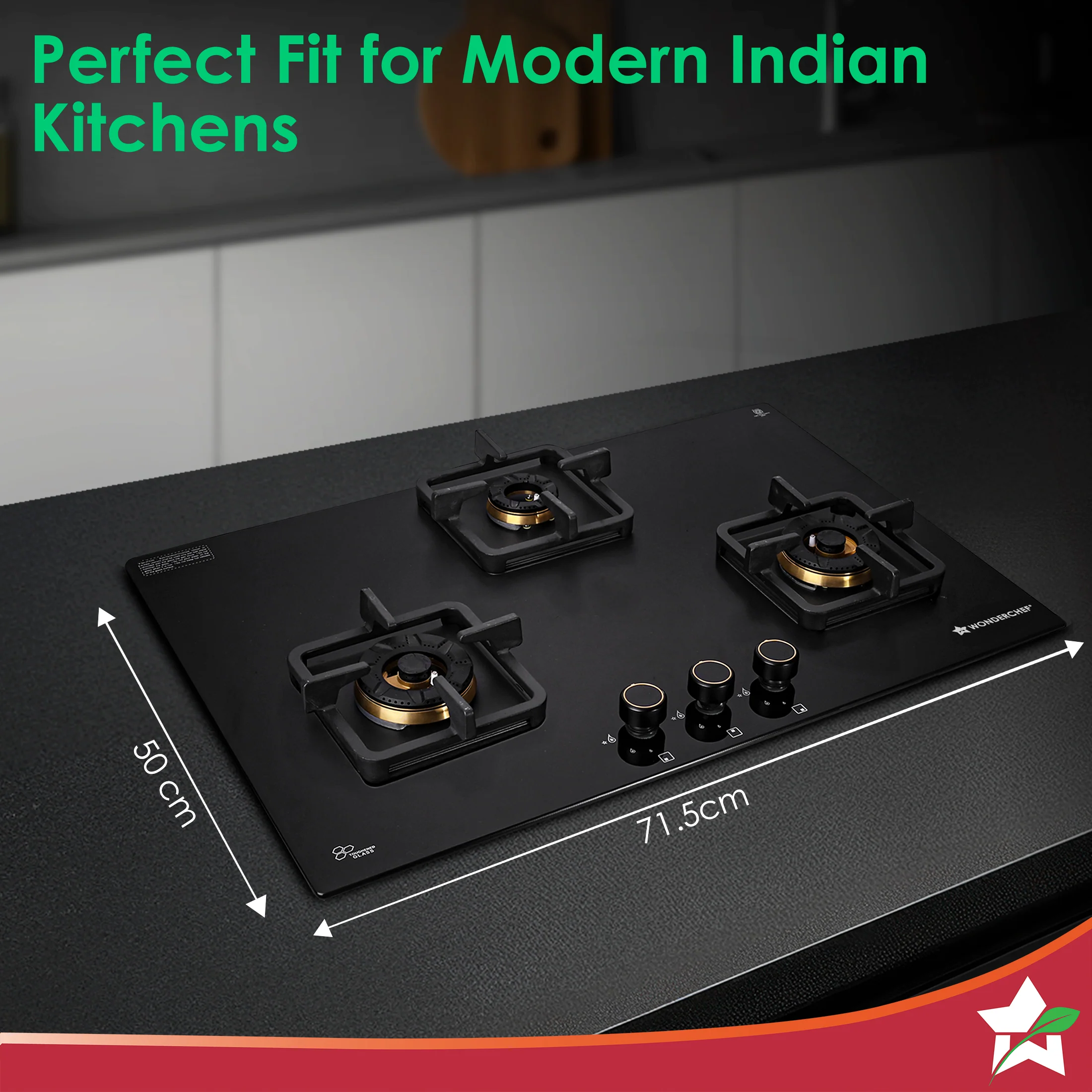 Venezia 3 Brass Burner Built-in Hob, 78cm x 52cm, LPG Gas Stove for Kitchen, ISI-approved 8mm Glass Top, Triple Ring Burners, No Lighter Required, Spill-proof Design, 5-Yr Warranty, Black - Image 3