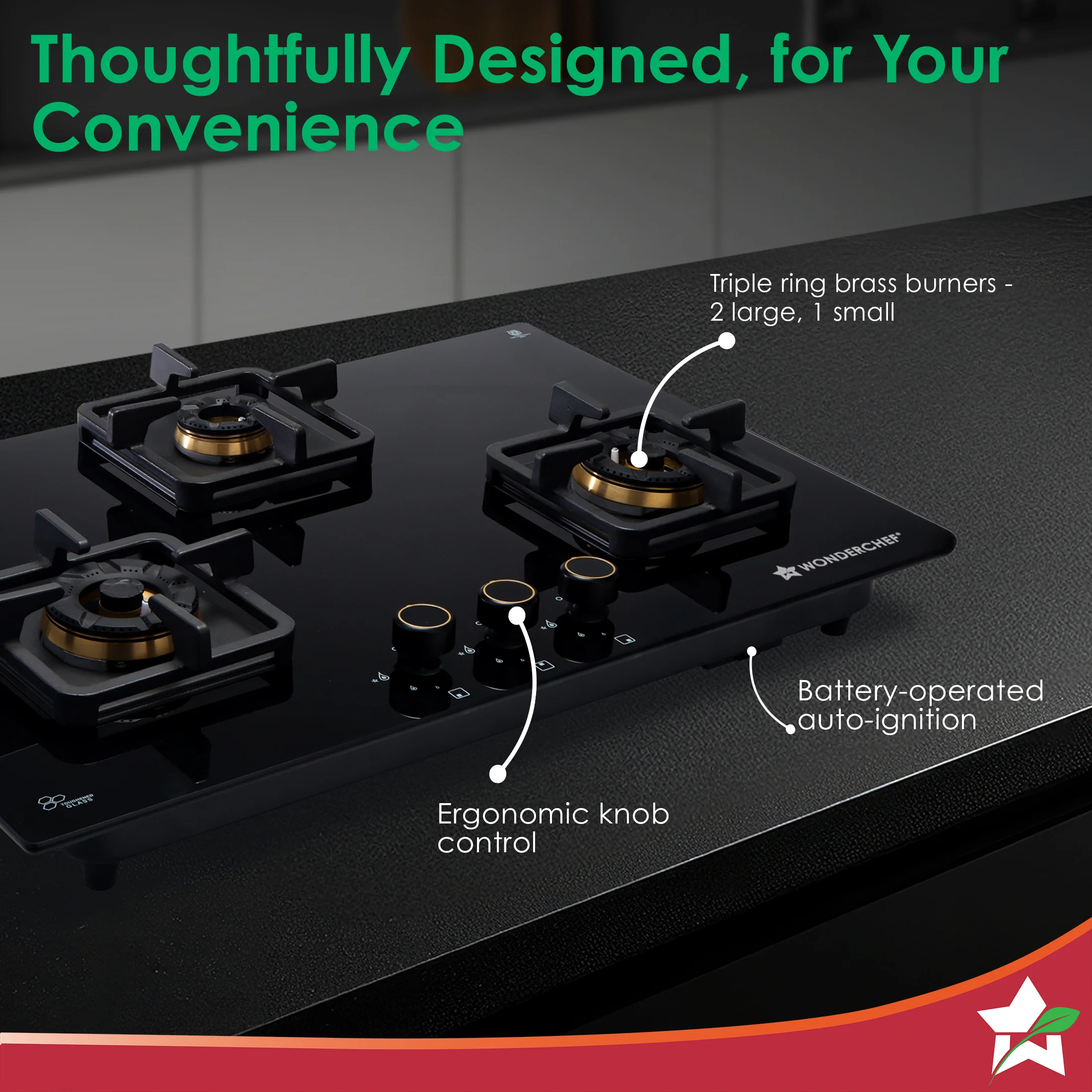 Venezia 3 Brass Burner Built-in Hob, 78cm x 52cm, LPG Gas Stove for Kitchen, ISI-approved 8mm Glass Top, Triple Ring Burners, No Lighter Required, Spill-proof Design, 5-Yr Warranty, Black - Image 7