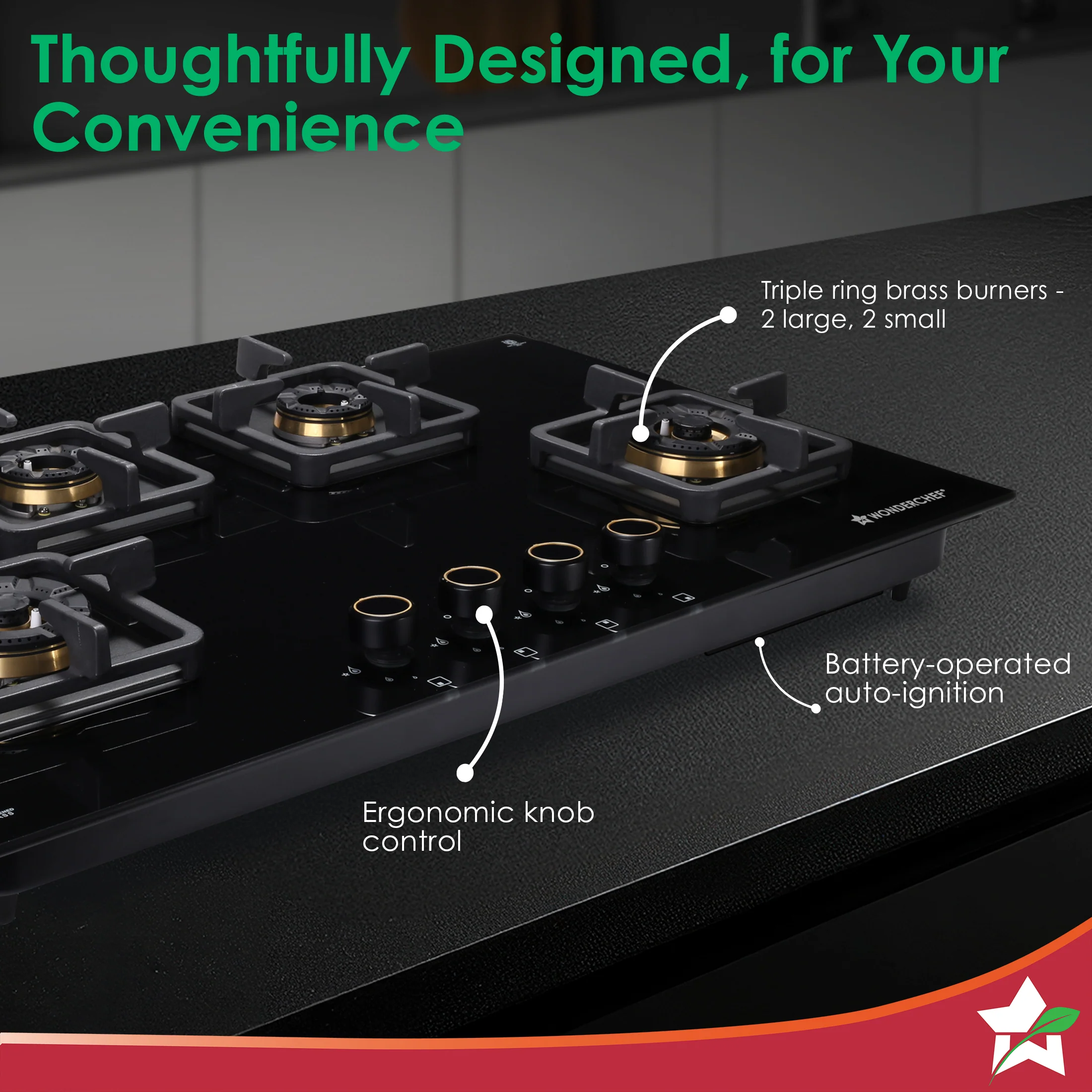 Venezia 4 Brass Burner Built-in Hob, 90cm x 52.5cm, LPG Gas Stove for Kitchen, ISI-approved 8mm Glass Top, Triple Ring Burners, No Lighter Required, Spill-proof Design, 5-Yr Warranty, Black - Image 7
