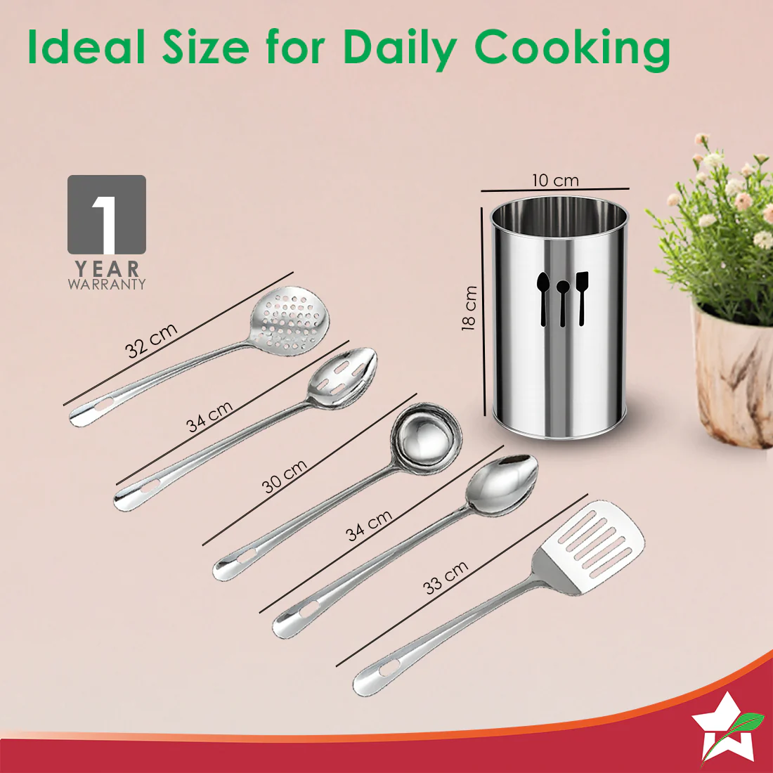 Venice 6 Pcs. Stainless-steel Kitchen Tools with Organiser Set, Includes Ladle, Slotted Turner, Skimmer, Serving Spoon, Rice Server, Cooking & Serving, Kitchen Tool Organiser, 1-Yr Warranty - Image 3