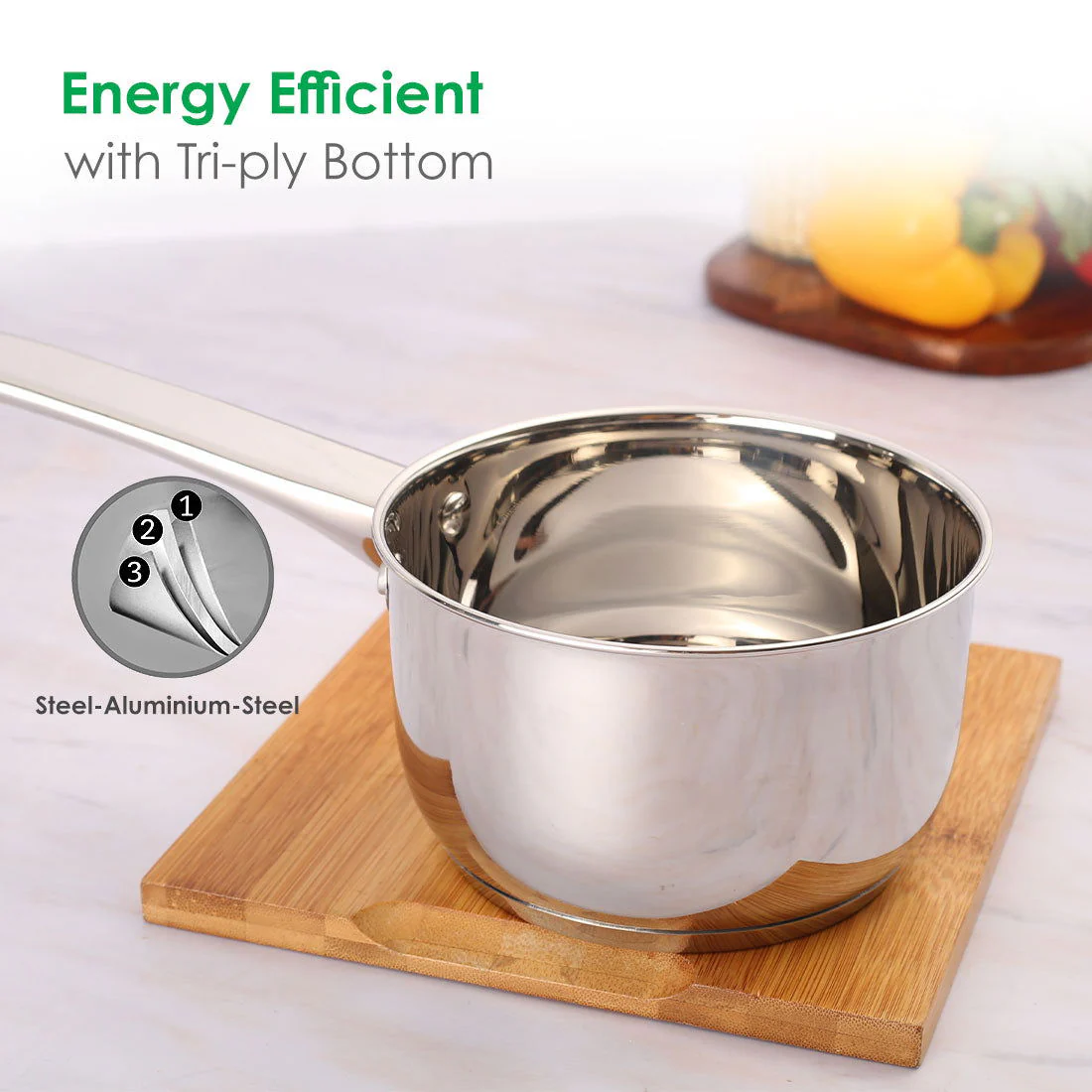 Venice Stainless Steel Saucepan | 1.2Litre | Tri-ply Bottom | Thick Base | Anti-bacterial and Non-porous Steel | Ideal for boiling milk, and water or to make tea and coffee - Image 3