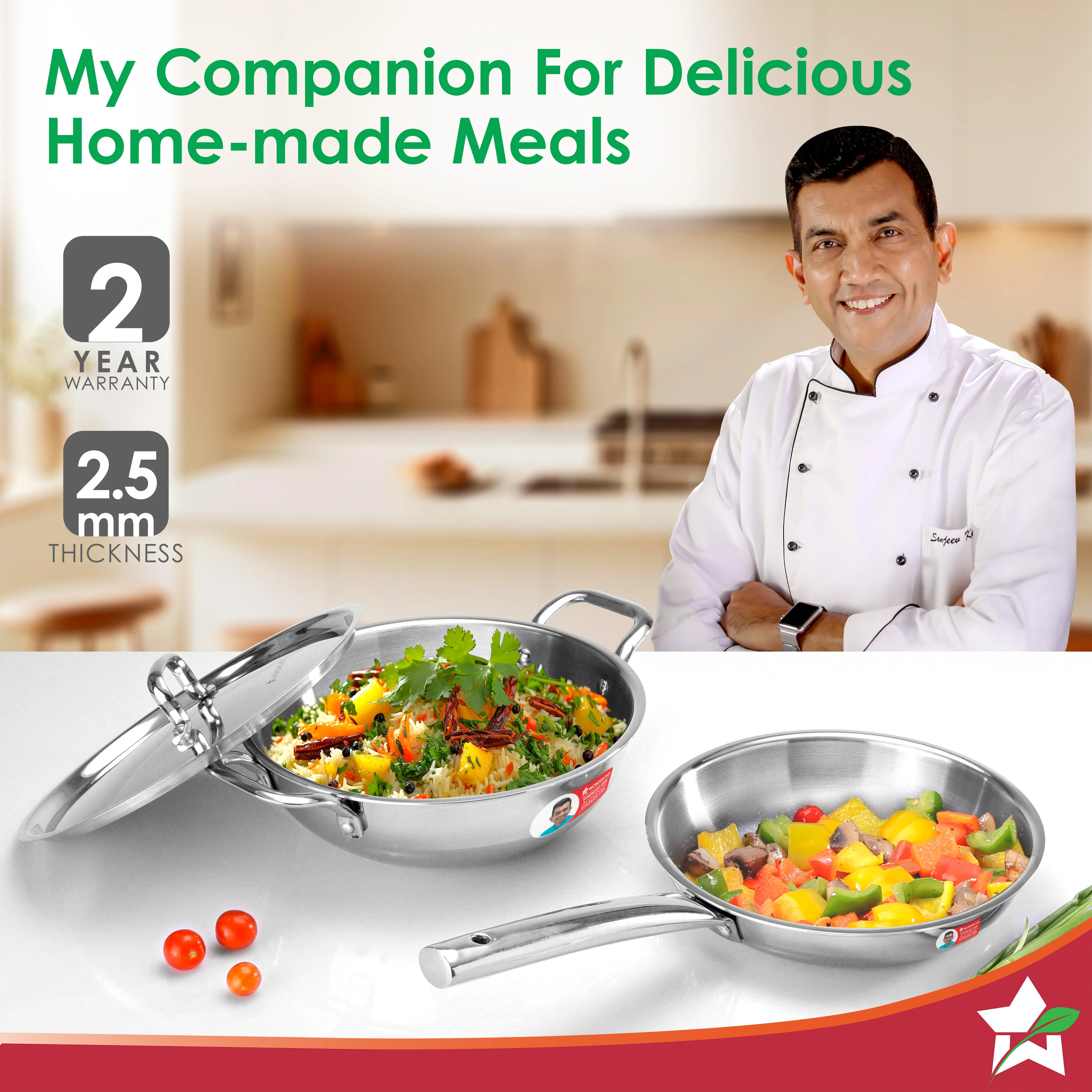 Venice Triply Stainless Steel 3 Pc. Cookware Set | Fry Pan 20cm, Kadhai with Lid 24cm | Non-toxic | Safe to Use | Uniform Heating | Heavy-duty Handle | Easy Cleaning | 10-year Warranty - Image 2