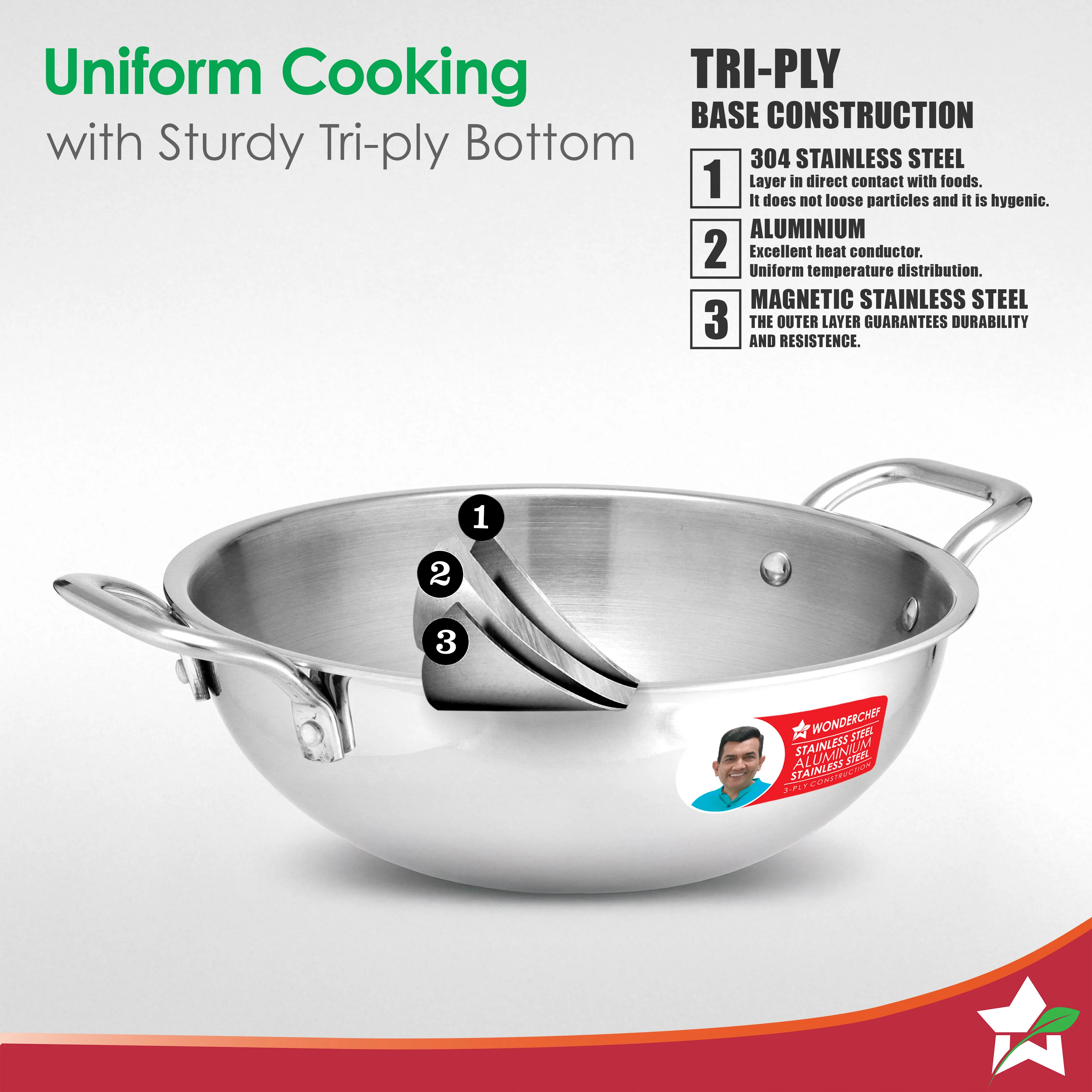 Venice Triply Stainless Steel 3 Pc. Cookware Set | Fry Pan 20cm, Kadhai with Lid 24cm | Non-toxic | Safe to Use | Uniform Heating | Heavy-duty Handle | Easy Cleaning | 10-year Warranty - Image 3