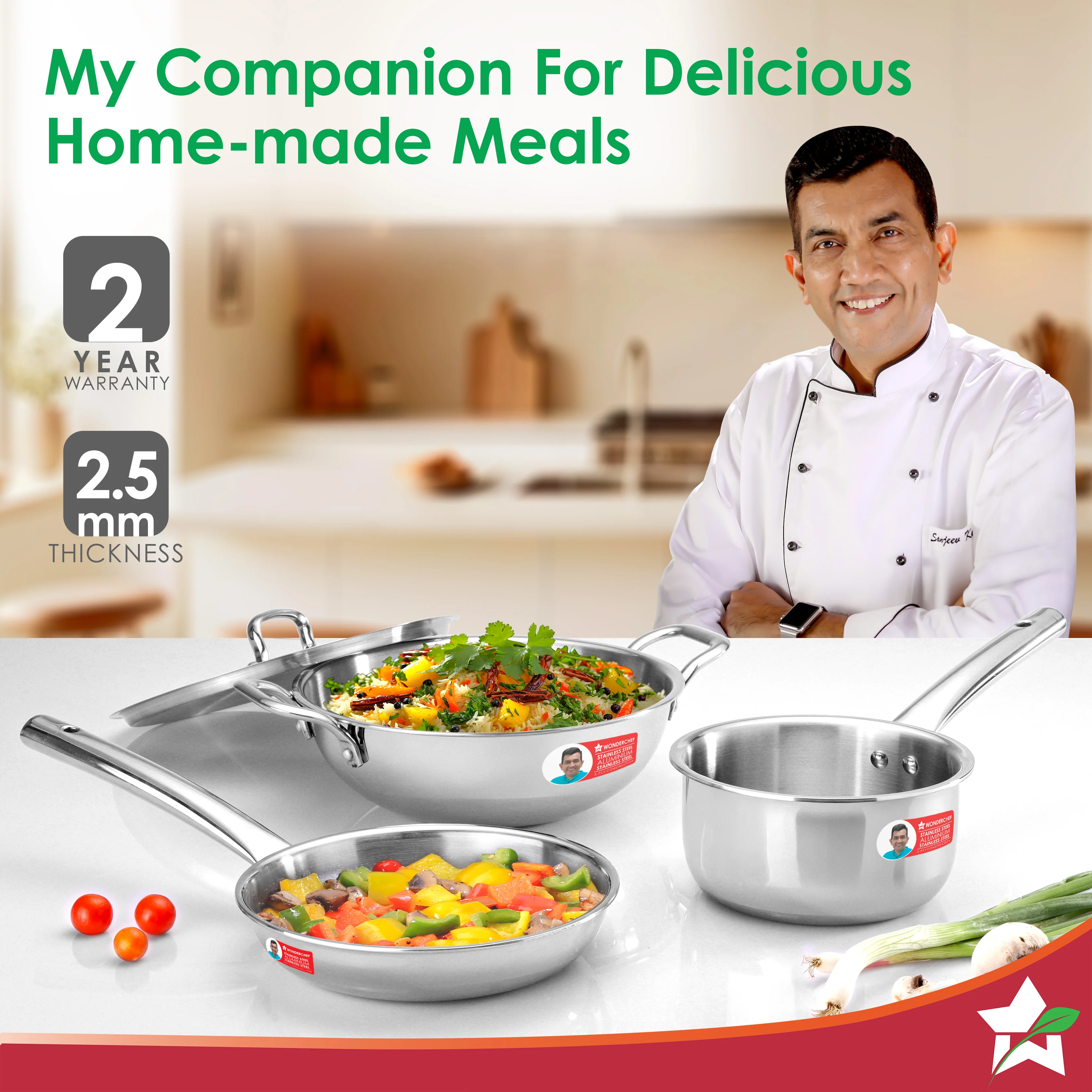 Venice Triply Stainless Steel 4 Pc. Cookware Set | Fry Pan 22cm, Kadhai with Lid 24cm, Saucepan 16cm | Non-toxic | Uniform Heating | Heavy-duty Handle | Easy Cleaning | 10-year Warranty - Image 2