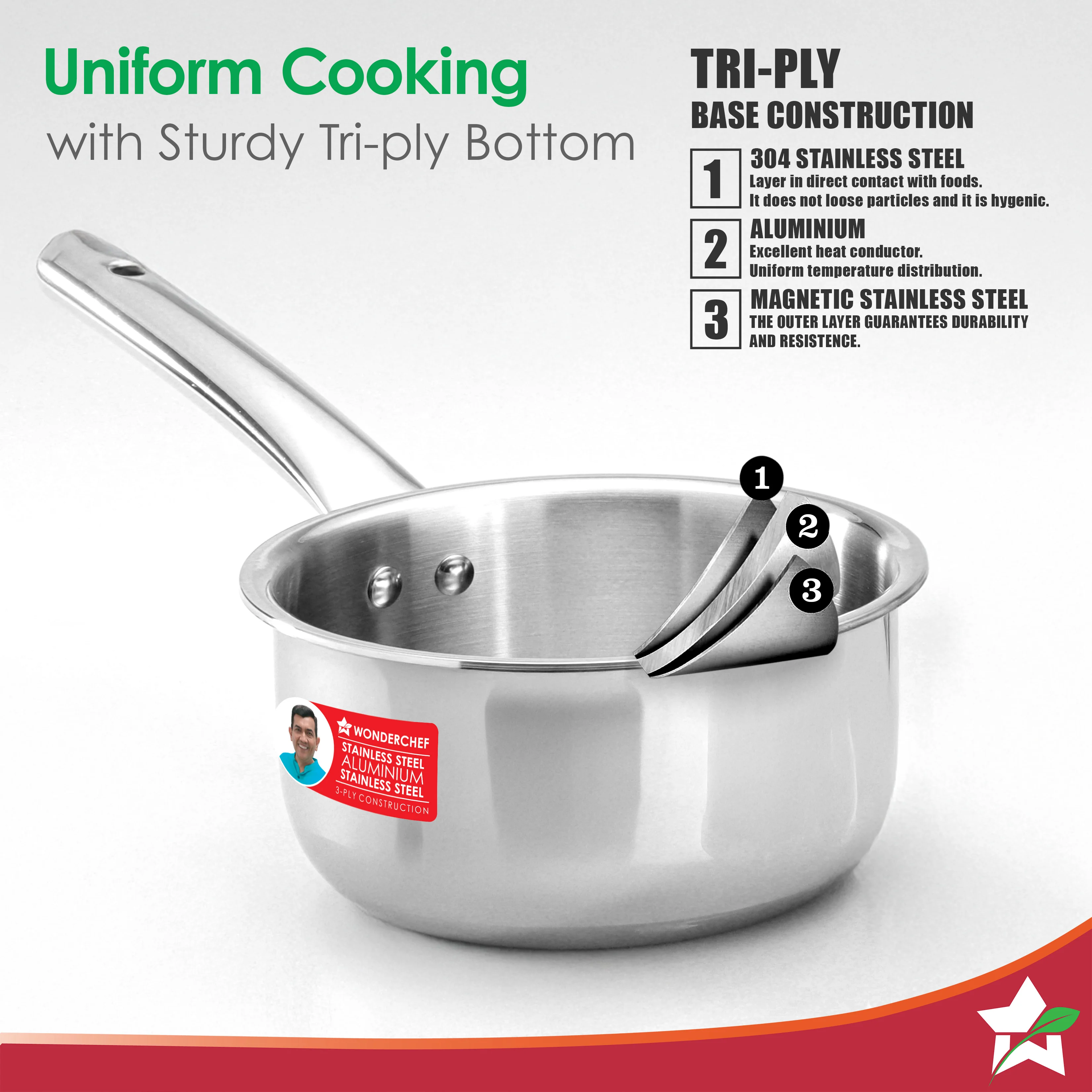 Venice Triply Stainless Steel 4 Pc. Cookware Set | Fry Pan 22cm, Kadhai with Lid 24cm, Saucepan 16cm | Non-toxic | Uniform Heating | Heavy-duty Handle | Easy Cleaning | 10-year Warranty - Image 3