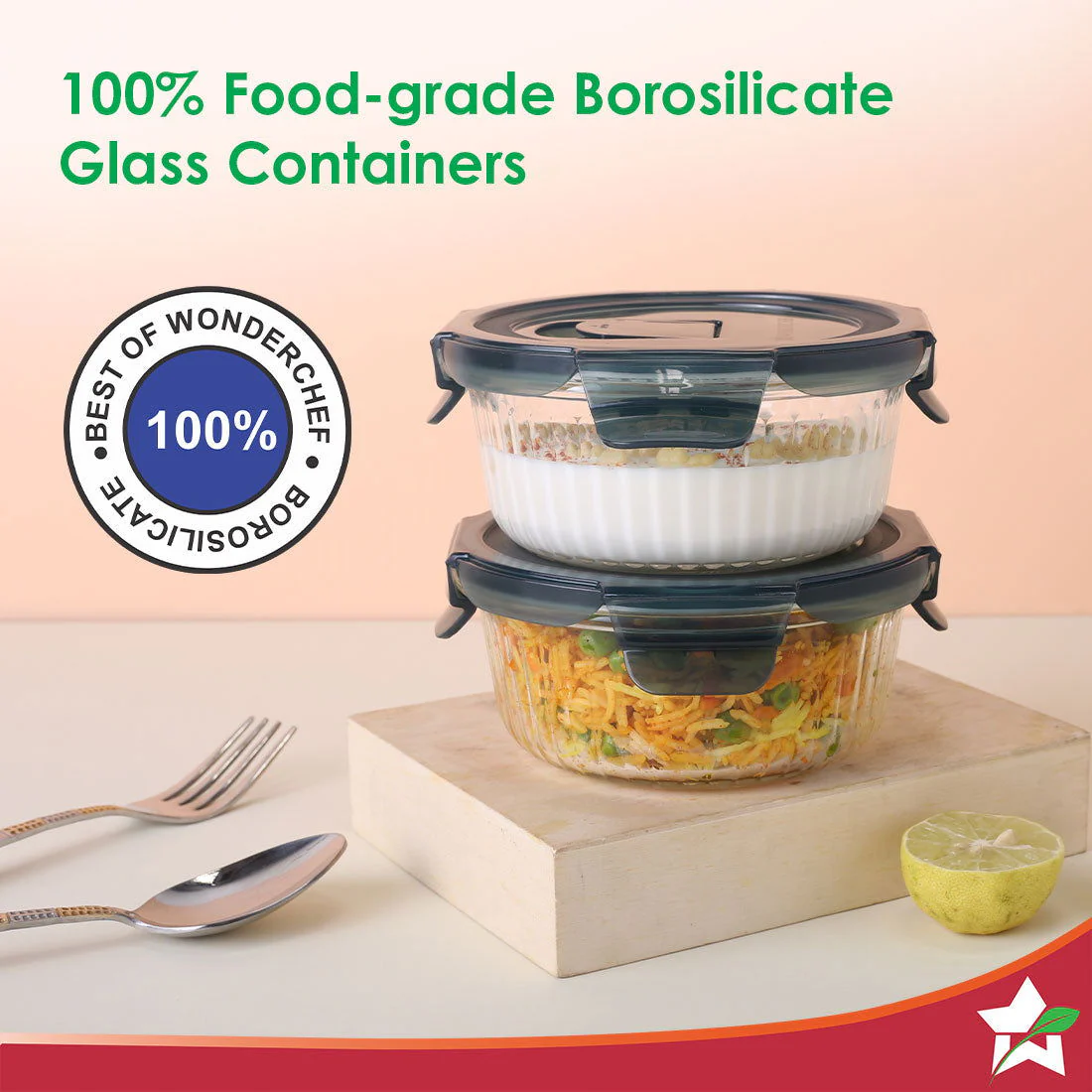 Verona Lunch Box Set of 2 | 400ml Borosilicate Glass Containers with Steam Vent | Leak Proof | Air Tight | Microwave Safe, Freezer Safe | Stain and Odour Free | Easy to Clean - Image 3