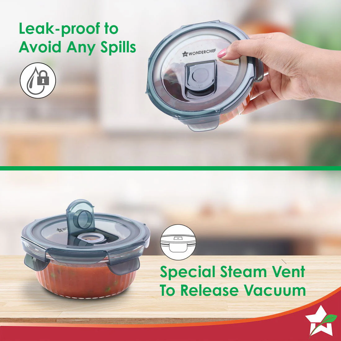 Verona Lunch Box Set of 2 | 400ml Borosilicate Glass Containers with Steam Vent | Leak Proof | Air Tight | Microwave Safe, Freezer Safe | Stain and Odour Free | Easy to Clean - Image 4