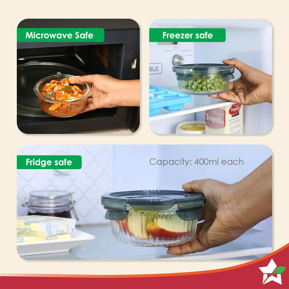Verona Lunch Box Set of 2 | 400ml Borosilicate Glass Containers with Steam Vent | Leak Proof | Air Tight | Microwave Safe, Freezer Safe | Stain and Odour Free | Easy to Clean - Image 5
