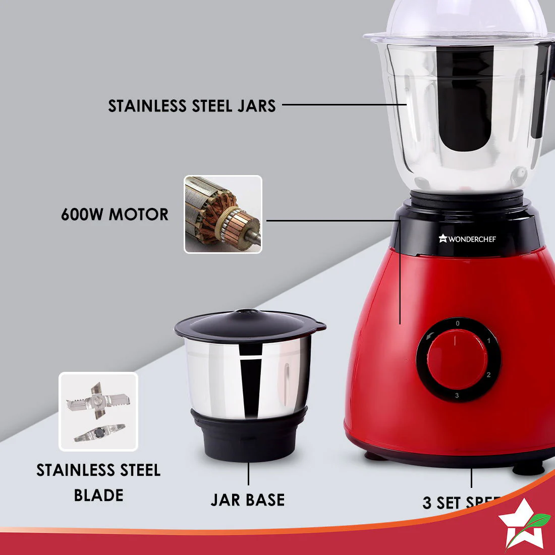 Wonderchef Renewed Vesper Mixer Grinder | 3 Jars | 600W | Stainless Steel Blades - Image 3