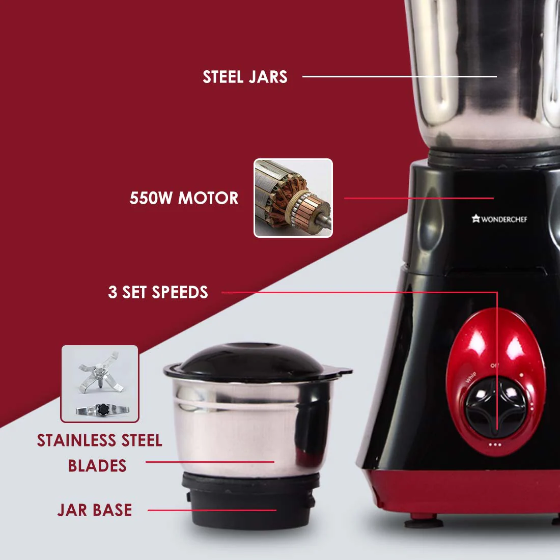 Wonderchef Renewed Vietri Mixer Grinder | 550W | 3 Anti-rust Stainless Steel Jars and Blades | 3-speed Knob - Image 12