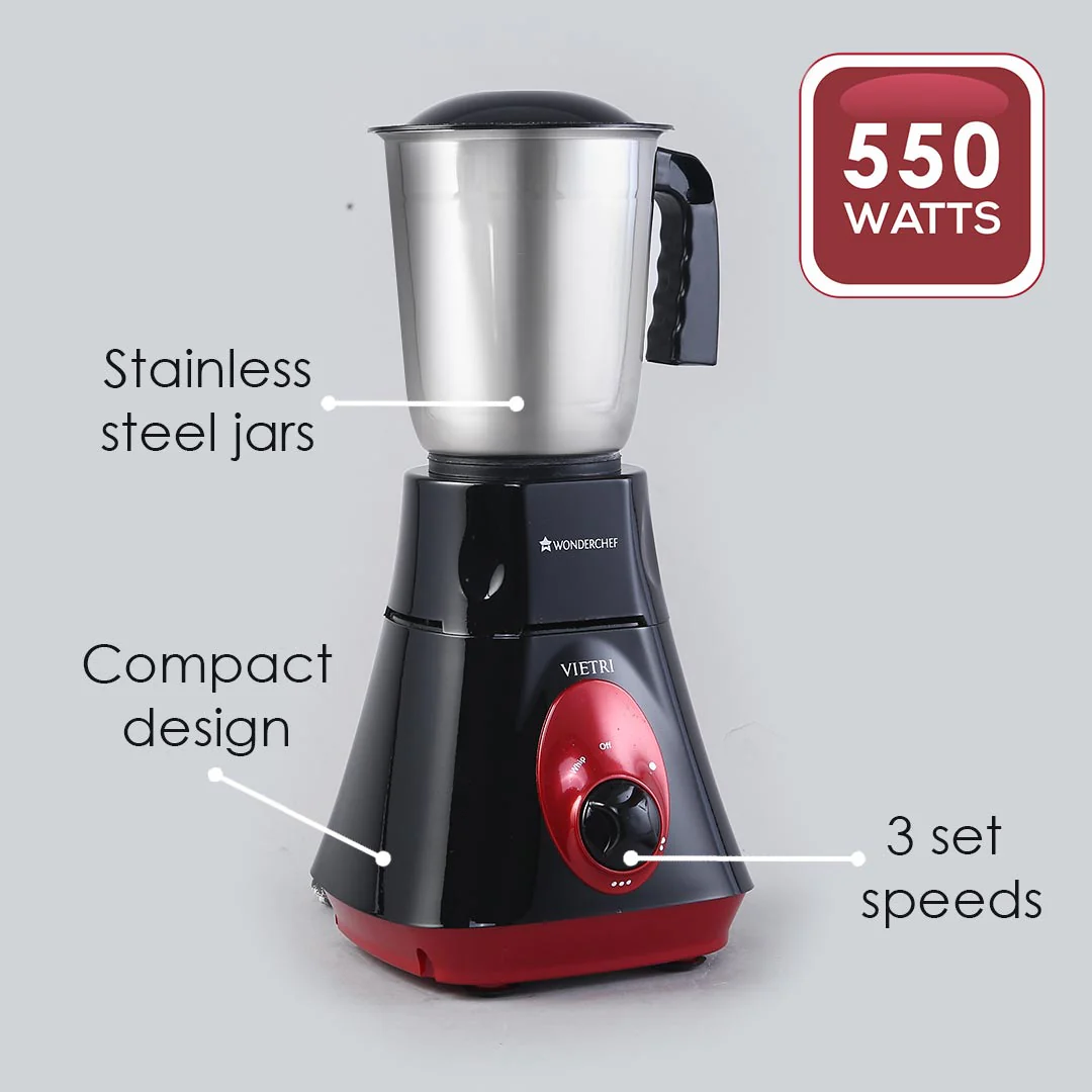 Wonderchef Renewed Vietri Mixer Grinder | 550W | 3 Anti-rust Stainless Steel Jars and Blades | 3-speed Knob - Image 3