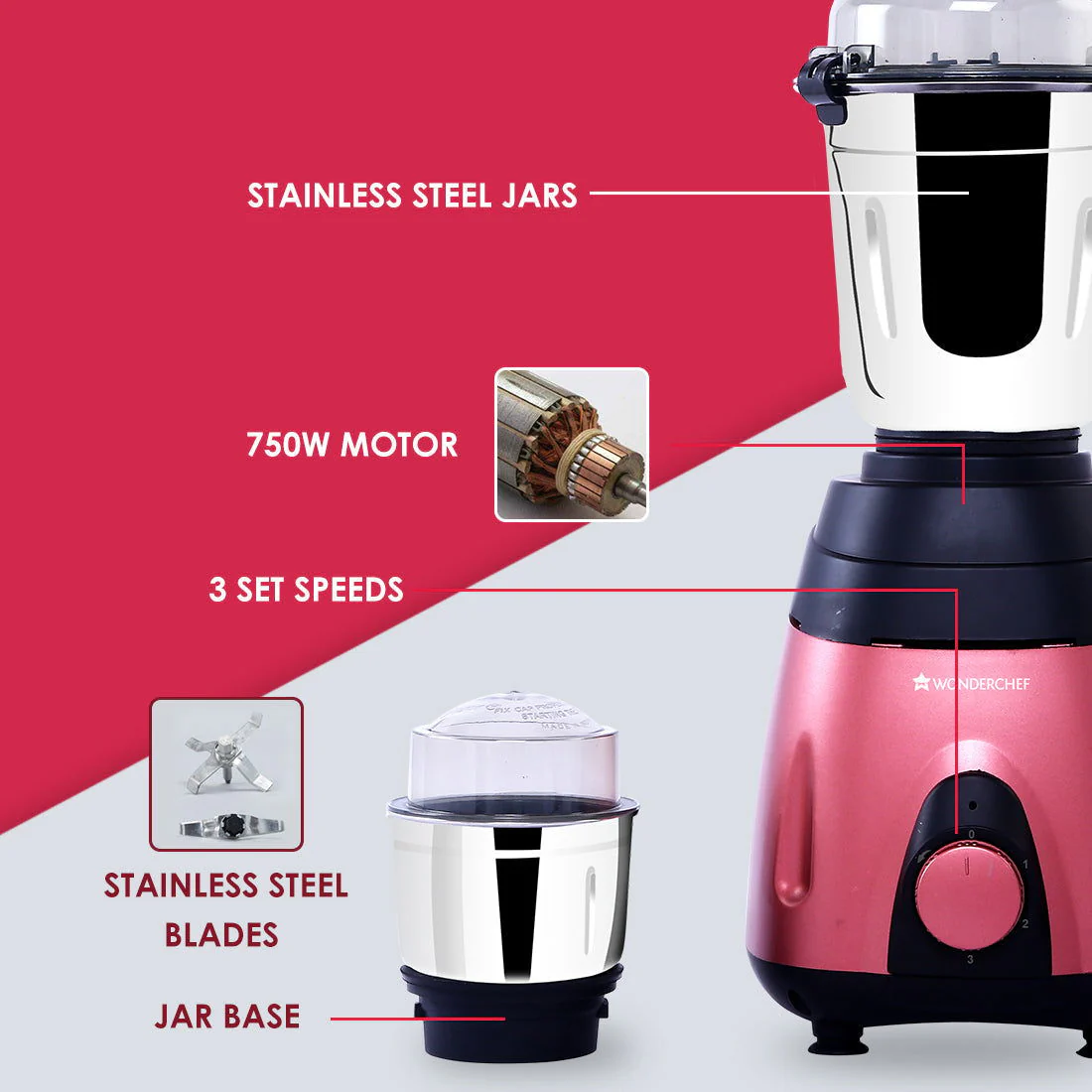 Wonderchef Renewed Vietri Mixer Grinder | 750W | 3 Stainless Steel Jars | Anti-Rust Stainless Steel Blades | Ergonomic Handles - Image 11
