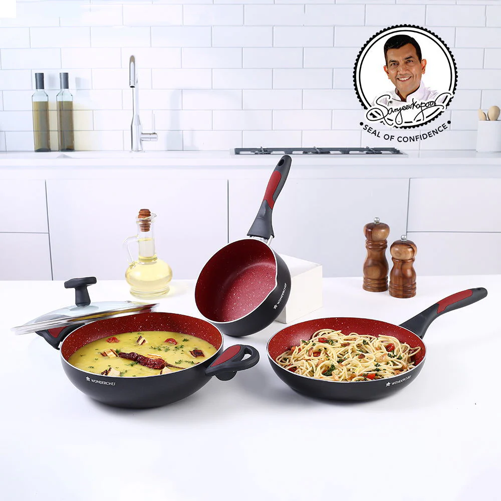 Burlington Aluminum Non-Stick Cookware 4 pc Set | Kadhai with Glass Lid 1.15L, Sauce Pan 2.6L, Fry Pan 1.7L | Induction Bottom | Soft Touch Handles | Pure Grade Aluminium | PFOA Free | 2 Year Warranty | Red/Black - Image 2