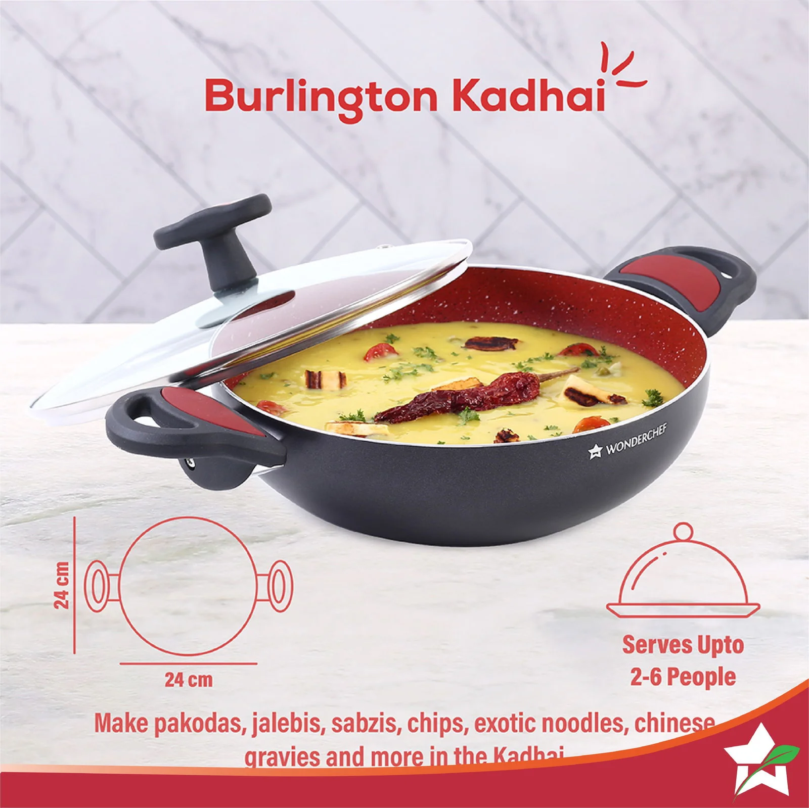 Burlington Aluminum Non-Stick Cookware 4 pc Set | Kadhai with Glass Lid 1.15L, Sauce Pan 2.6L, Fry Pan 1.7L | Induction Bottom | Soft Touch Handles | Pure Grade Aluminium | PFOA Free | 2 Year Warranty | Red/Black - Image 6