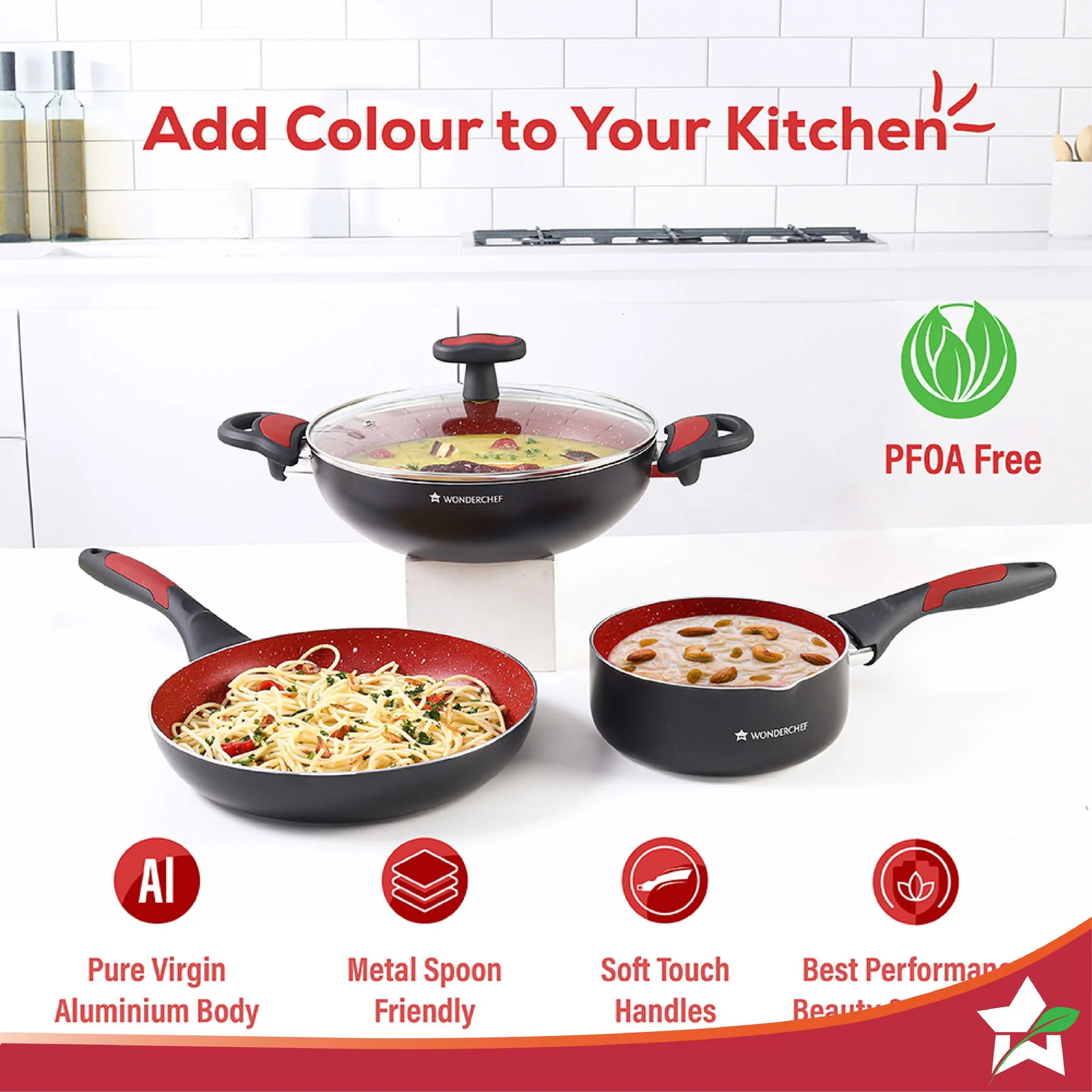Burlington Aluminum Non-Stick Cookware 4 pc Set | Kadhai with Glass Lid 1.15L, Sauce Pan 2.6L, Fry Pan 1.7L | Induction Bottom | Soft Touch Handles | Pure Grade Aluminium | PFOA Free | 2 Year Warranty | Red/Black - Image 8