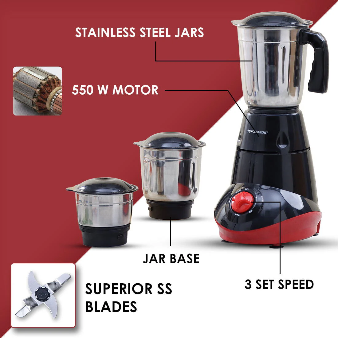 Capri Mixer Grinder 550W, Black & Red, 5 Years Warranty - Image 2