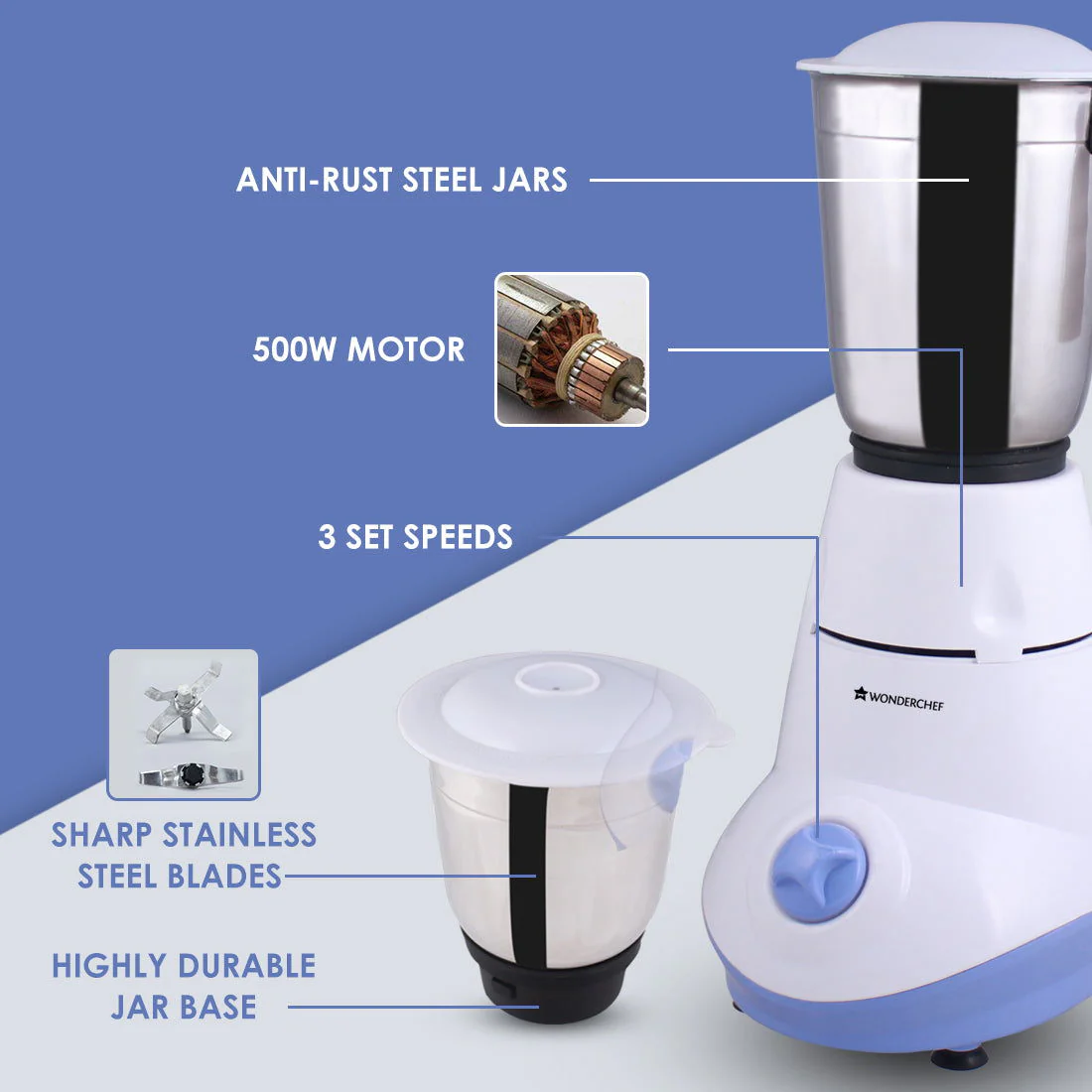 Capri Mixer Grinder 550W With 3 Stainless Steel Jars (White & Blue) - Image 12