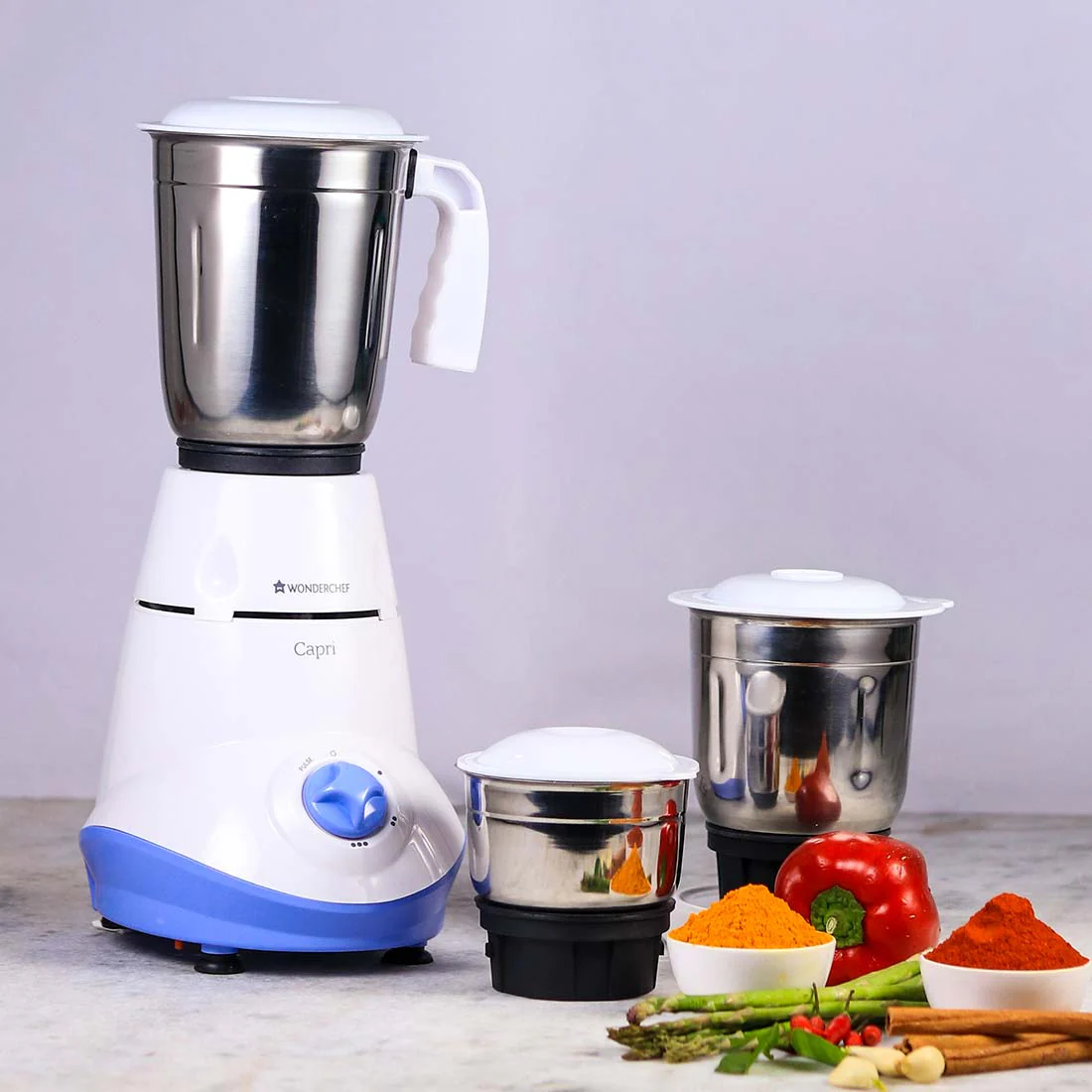 Capri Mixer Grinder 550W With 3 Stainless Steel Jars (White & Blue) - Image 3