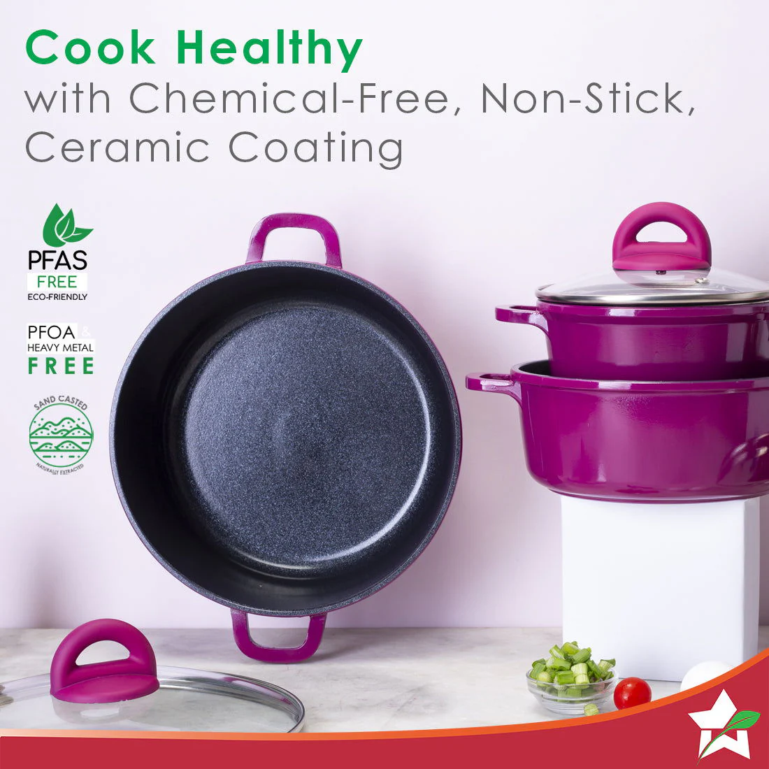 Ceramide Non-stick Casserole Set 6Pc | 1.2L, 2.3L, 3.9L | Induction Bottom | Pure Grade Aluminium | PFOA/Heavy Metals Free | 2.2mm | Pink | 2 Year Warranty - Image 3