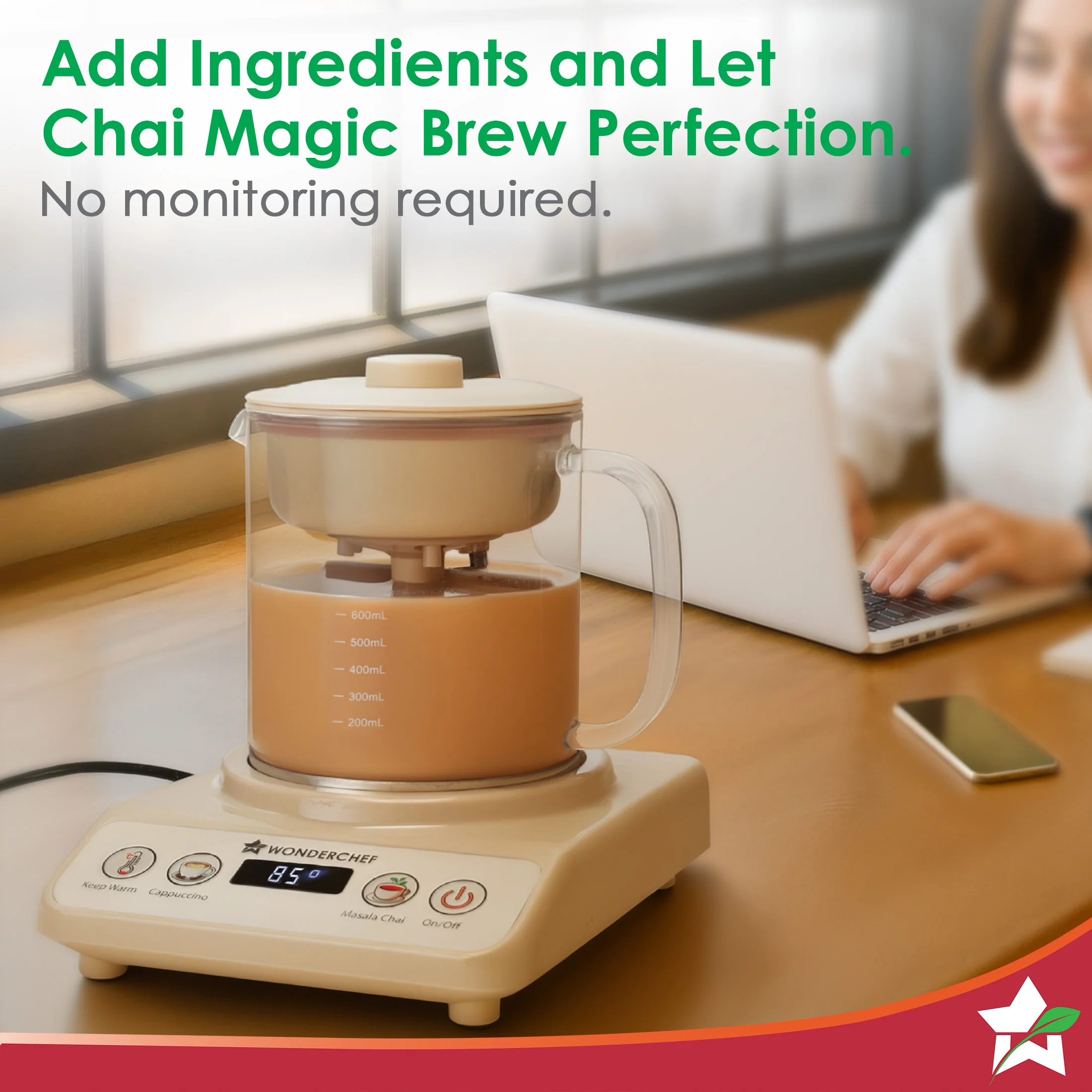 Chai Magic, Fully Automatic Tea & Cappuccino Maker, Make Masala Chai/Cutting Chai/Kahwa/, No Spills, No Overcooking, 4 Modes, Boil Milk/Water/Coffee, 500ML Glass Jar, 2-Yr Warranty - Image 7