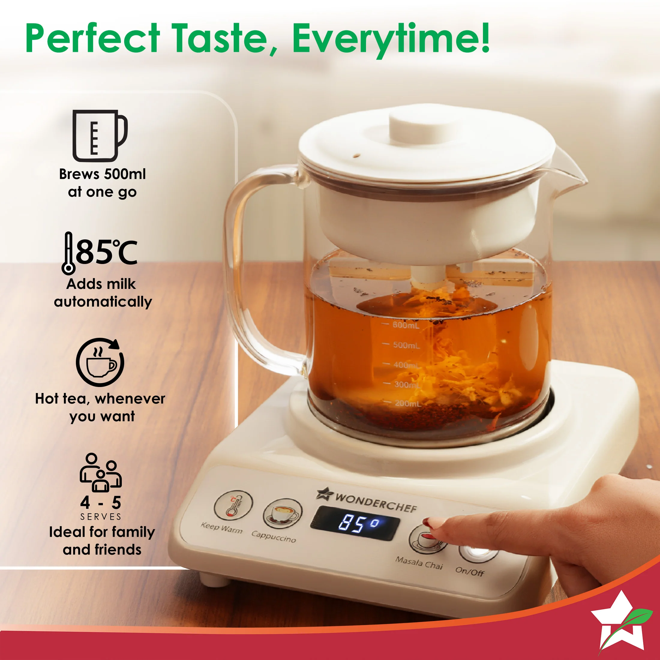 Chai Magic, Fully Automatic Tea & Cappuccino Maker, Make Masala Chai/Cutting Chai/Kahwa/, No Spills, No Overcooking, 4 Modes, Boil Milk/Water/Coffee, 500ML Glass Jar, 2-Yr Warranty - Image 8