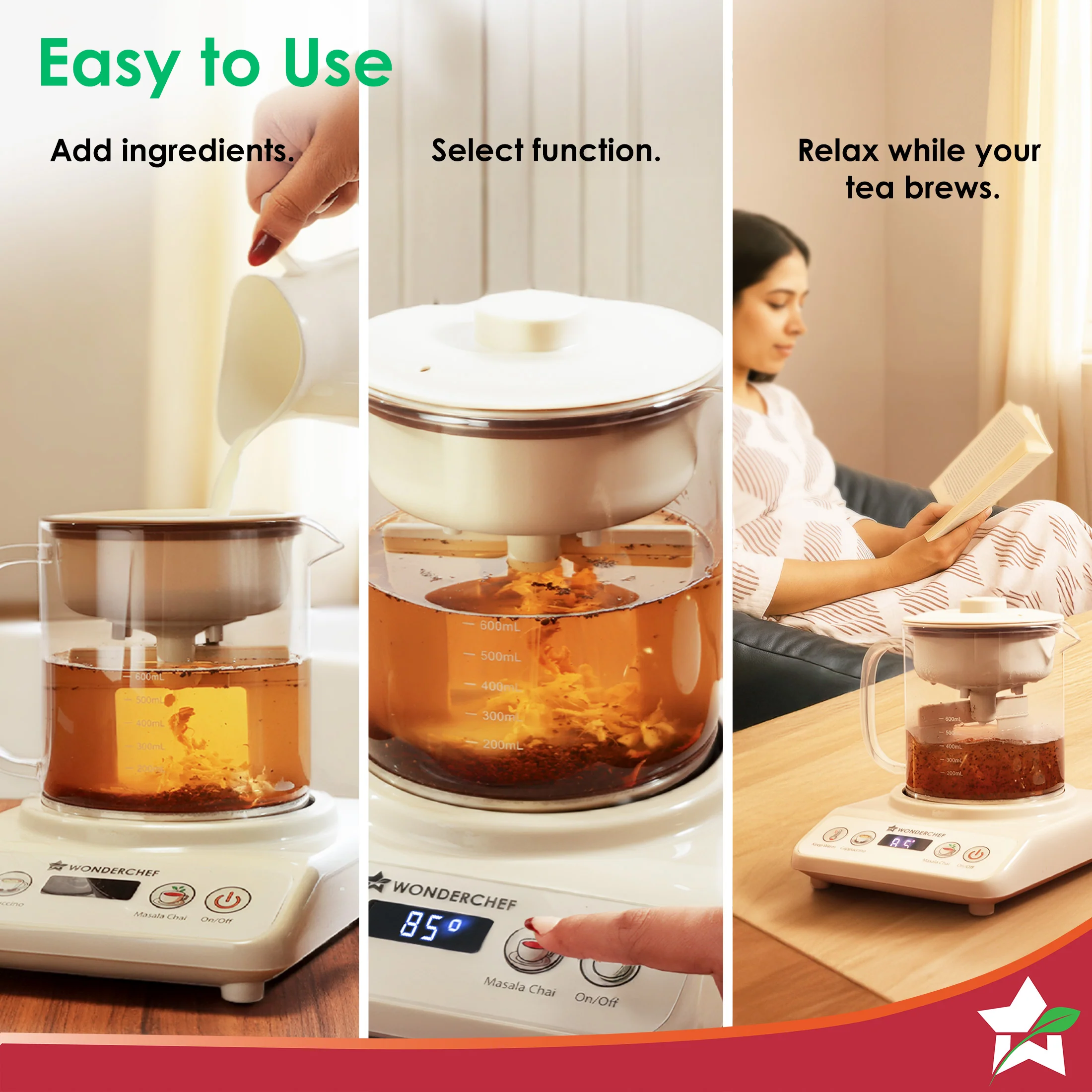 Chai Magic, Fully Automatic Tea & Cappuccino Maker, Make Masala Chai/Cutting Chai/Kahwa/, No Spills, No Overcooking, 4 Modes, Boil Milk/Water/Coffee, 500ML Glass Jar, 2-Yr Warranty - Image 9
