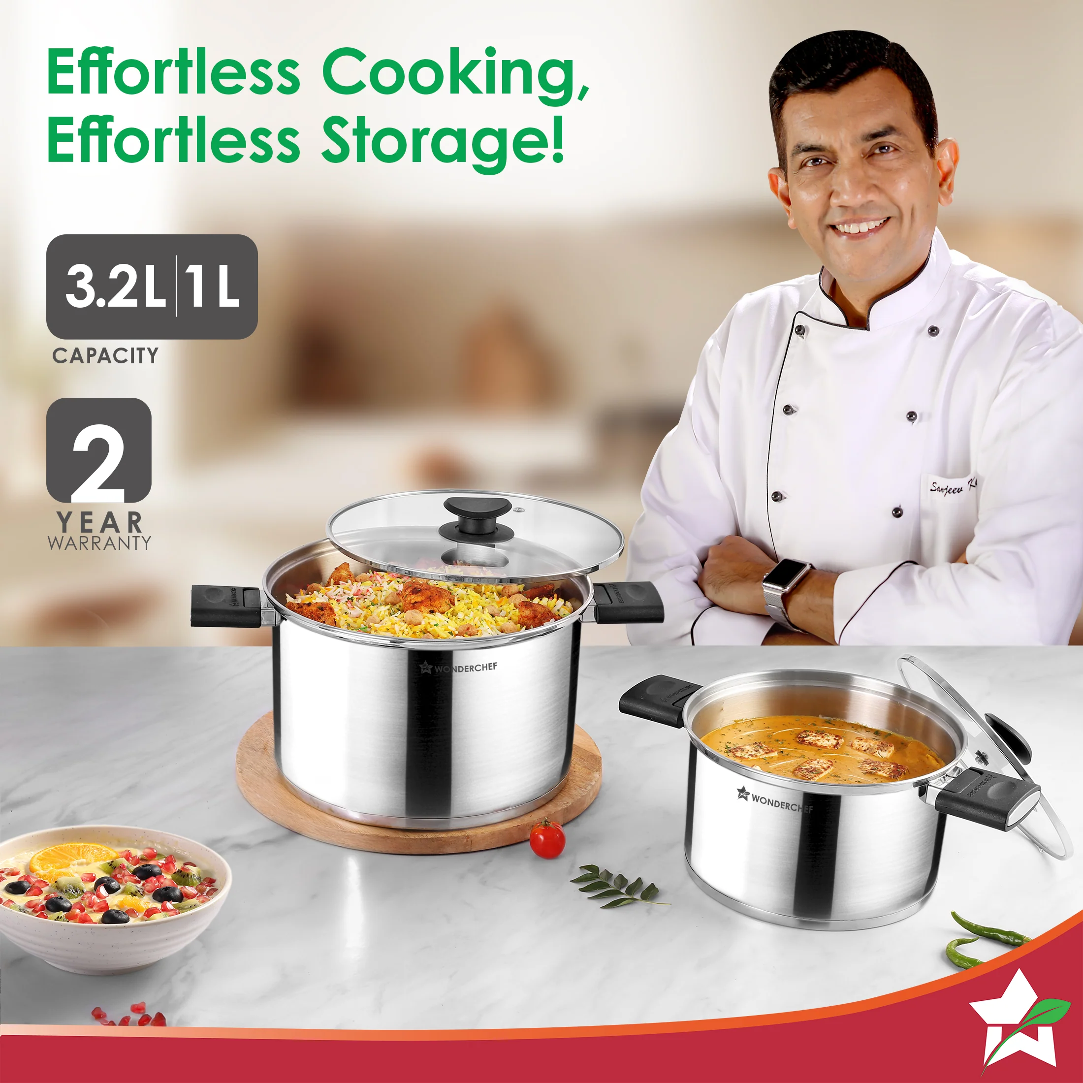 Click and Cook Stainless Steel Casserole 2 Pc Set | 3 L, 1 L | Unique Foldable Cool-touch Handles | Tri-ply Bottom | Glass Lid with Steam Vent | Induction and Gas Cooktop Friendly - Image 2