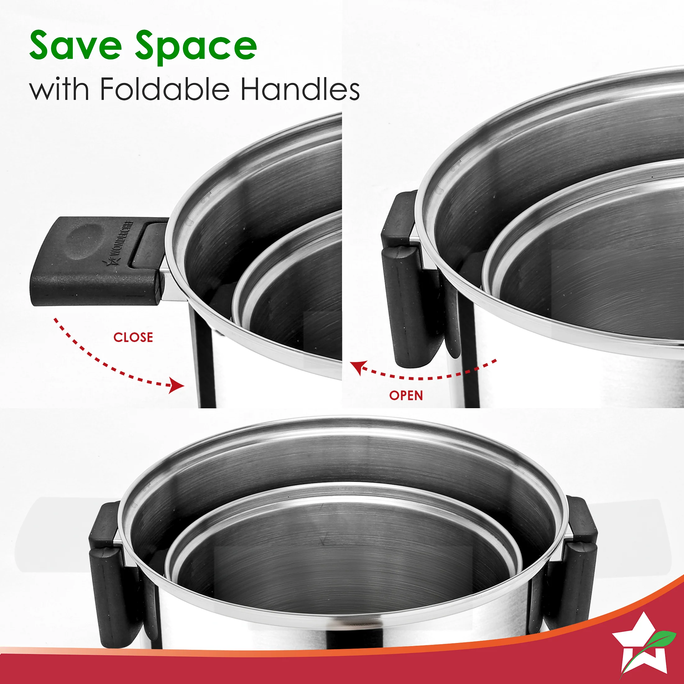Click and Cook Stainless Steel Casserole 2 Pc Set | 3 L, 1 L | Unique Foldable Cool-touch Handles | Tri-ply Bottom | Glass Lid with Steam Vent | Induction and Gas Cooktop Friendly - Image 3