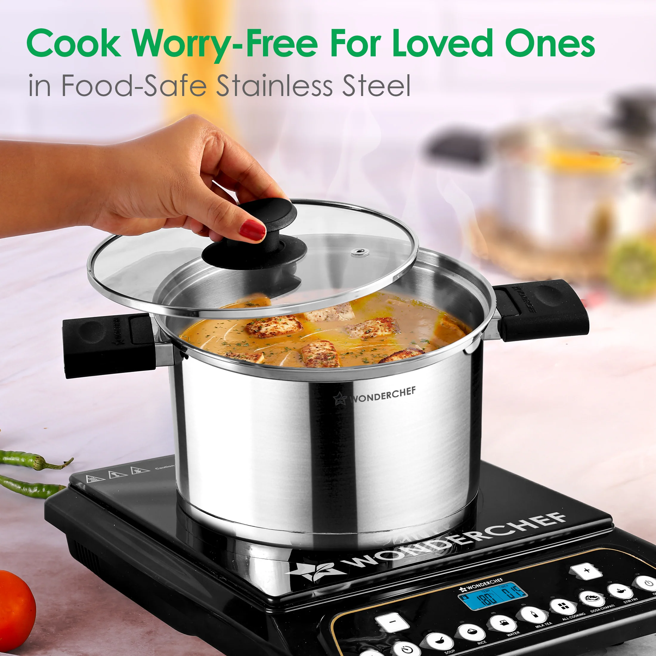 Click and Cook Stainless Steel Casserole 2 Pc Set | 3 L, 1 L | Unique Foldable Cool-touch Handles | Tri-ply Bottom | Glass Lid with Steam Vent | Induction and Gas Cooktop Friendly - Image 4