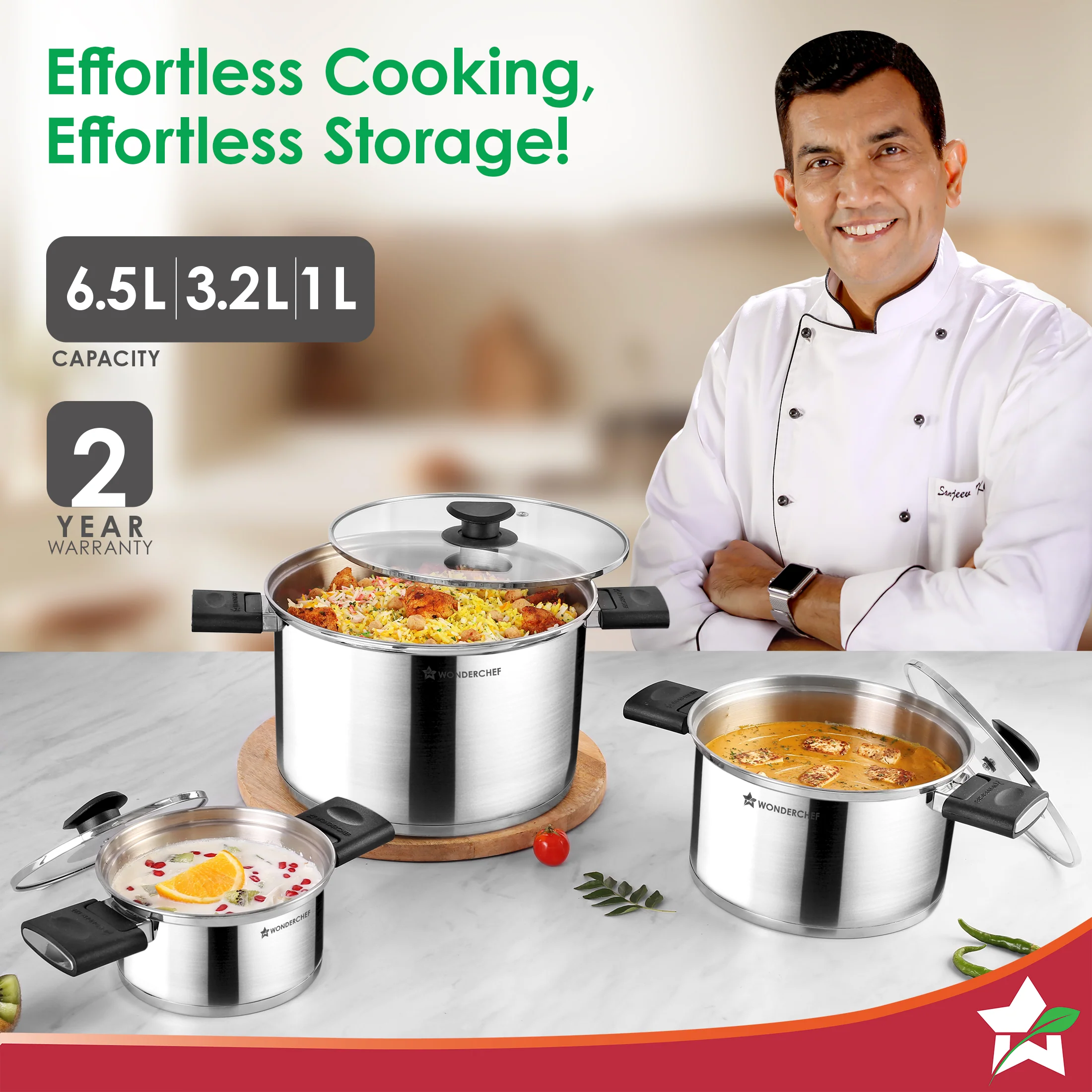 Click and Cook Stainless Steel Casserole 3 Pc Set | 6.5 L, 3.2 L, 1 L | Unique Foldable Cool-touch Handles | Tri-ply Bottom | Glass Lid with Steam Vent | Induction and Gas Cooktop Friendly - Image 2