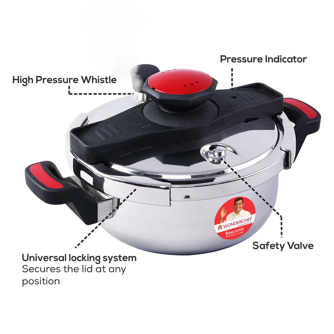 Easy Lock Stainless Steel 3L Outer Lid Pressure Cooker | Induction Compatible | Tri-Ply Bottom | 5-Year Warranty | Free Glass Lid | Silver - Image 4