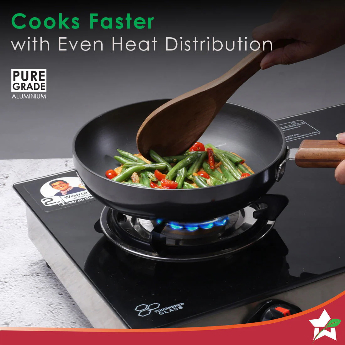 Ebony Non-stick 20 cm Deep Fry Pan with Lid with Induction Bottom & Wooden Handle | Hard Anodized Aluminium | Metal-spatula friendly | 3.25 mm thickness ideal for deep frying | 5 Years Warranty | Grey - Image 5