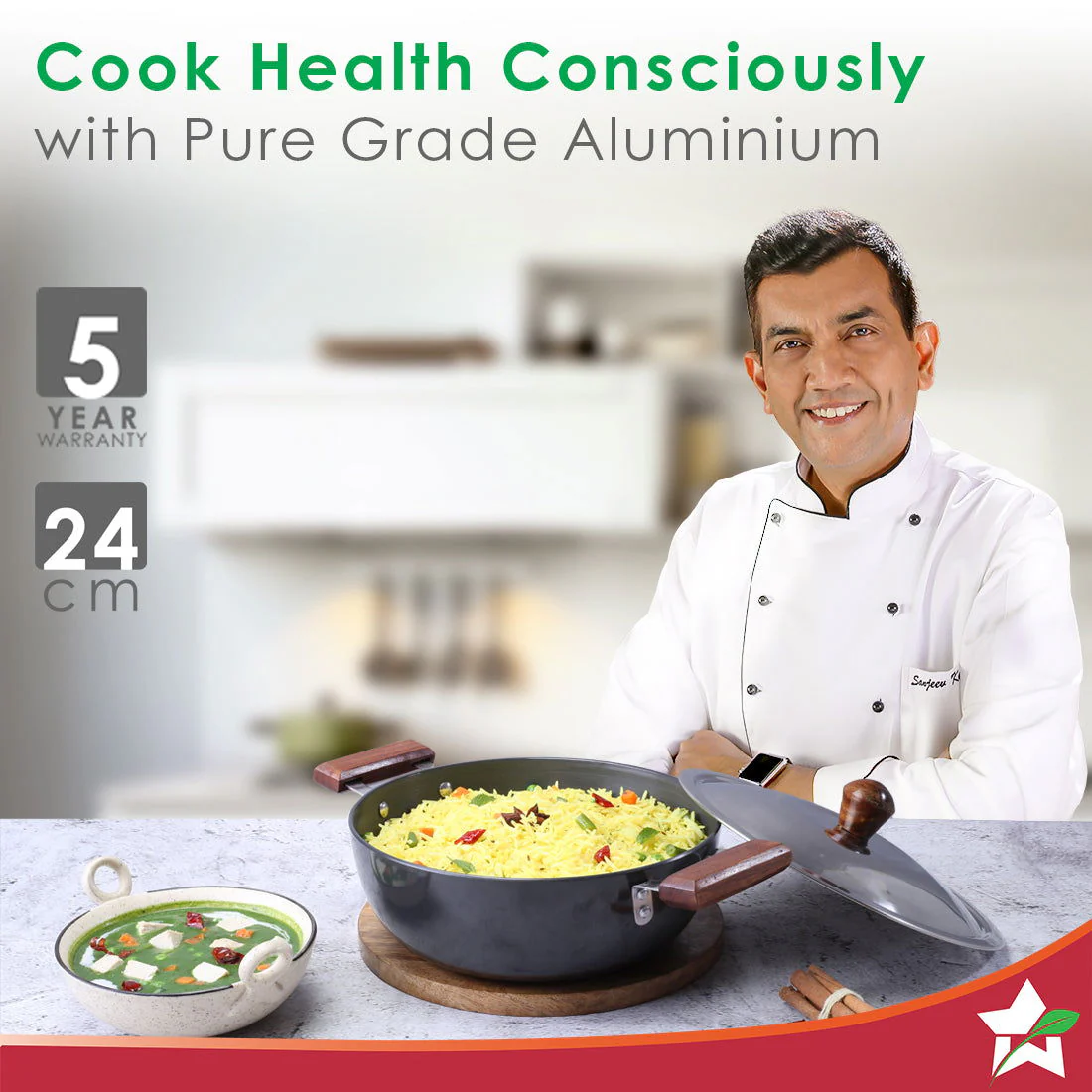 Ebony 24 cm Hard Anodized Deep Kadhai/Kadai with Lid - 3 Litre | Ideal for Sauteeing veggies, Dal and Curries | Black - Image 2