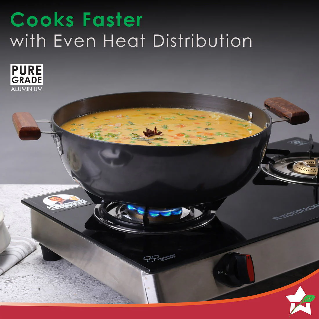 Ebony 30 cm Hard Anodized Deep Kadhai/Kadai with Lid - 6 Litre | Ideal for Sauteeing veggies, Dal and Curries | Black - Image 5