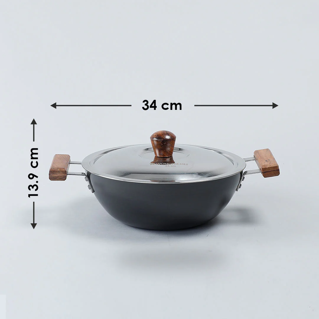Ebony Hard Anodized 24 cm Wok with Lid 2.7 L | Ideal for Biryani, Pulao | Black - Image 4