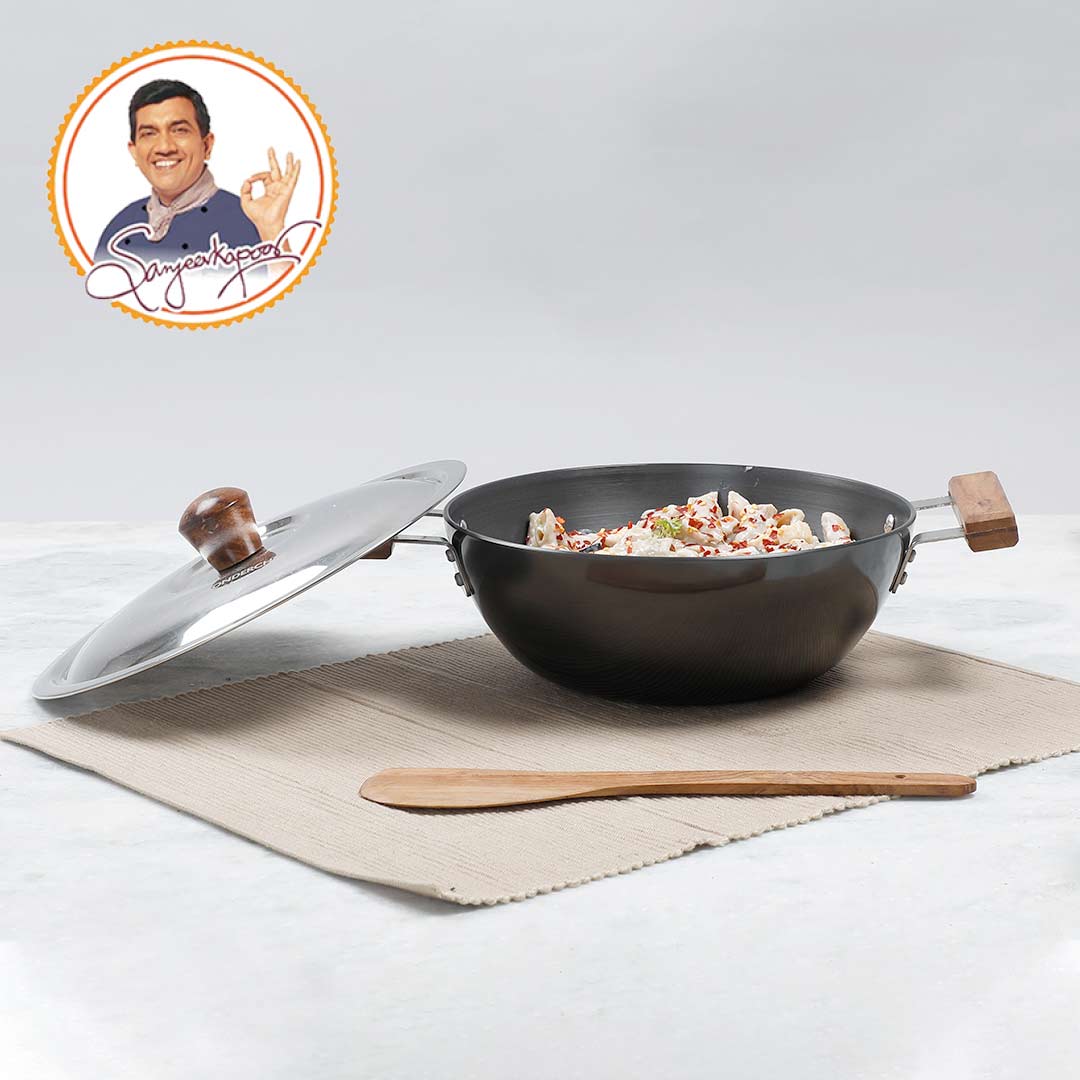 Ebony Hard Anodized 24 cm Wok with Lid 2.7 L | Ideal for Biryani, Pulao | Black - Image 5