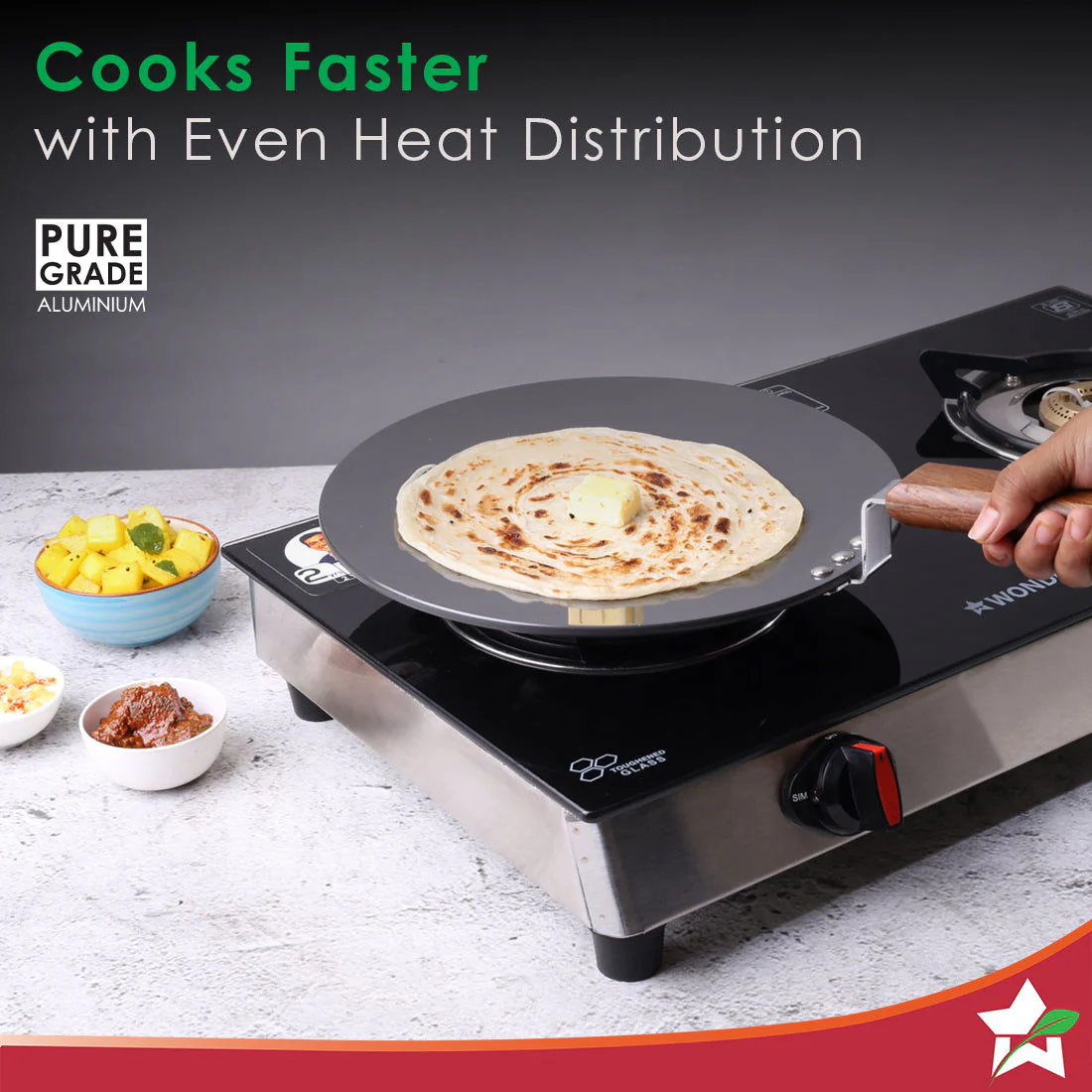 Ebony 28 cm Roti Tawa | Wooden Handle With Rivets | Hard Anodized Aluminium| Non Stick Tawa | 4.88 mm | 2 Years Warranty | Black - Image 5