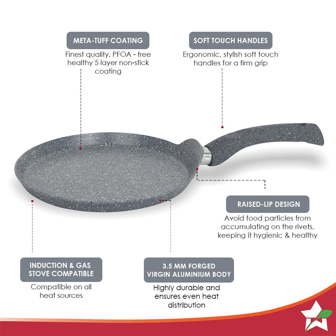 Granite 24cm Non-Stick Dosa Tawa | Induction Bottom | Soft-Touch Handles | Virgin Aluminium | PFOA/Heavy Metals Free | 3.5mm | 2 Year Warranty | Grey - Image 2