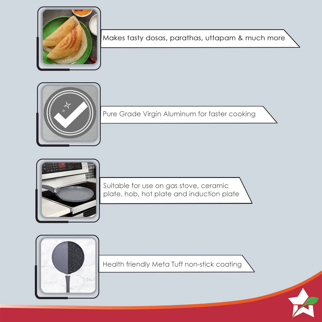 Granite 24cm Non-Stick Dosa Tawa | Induction Bottom | Soft-Touch Handles | Virgin Aluminium | PFOA/Heavy Metals Free | 3.5mm | 2 Year Warranty | Grey - Image 3