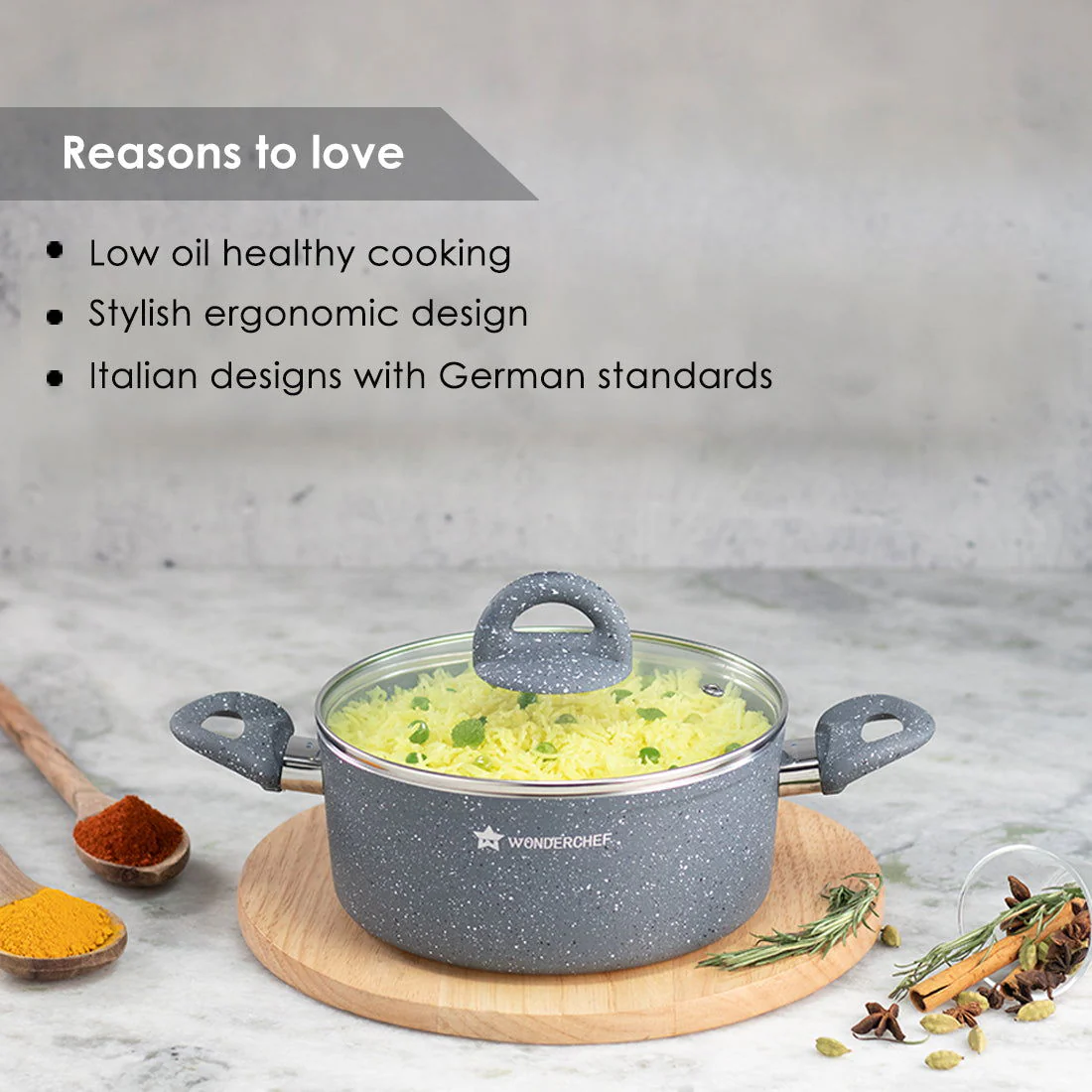 Granite 24 cm Non-Stick Casserole | Glass Lid |Induction Bottom | Soft-Touch Handles | Virgin Aluminium | PFOA and Heavy Metals Free | 3.5mm | 4 liters | 2 Year Warranty | Grey - Image 12