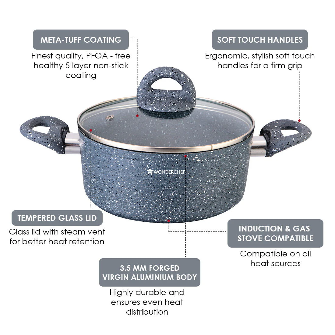 Granite 24 cm Non-Stick Casserole | Glass Lid |Induction Bottom | Soft-Touch Handles | Virgin Aluminium | PFOA and Heavy Metals Free | 3.5mm | 4 liters | 2 Year Warranty | Grey - Image 14
