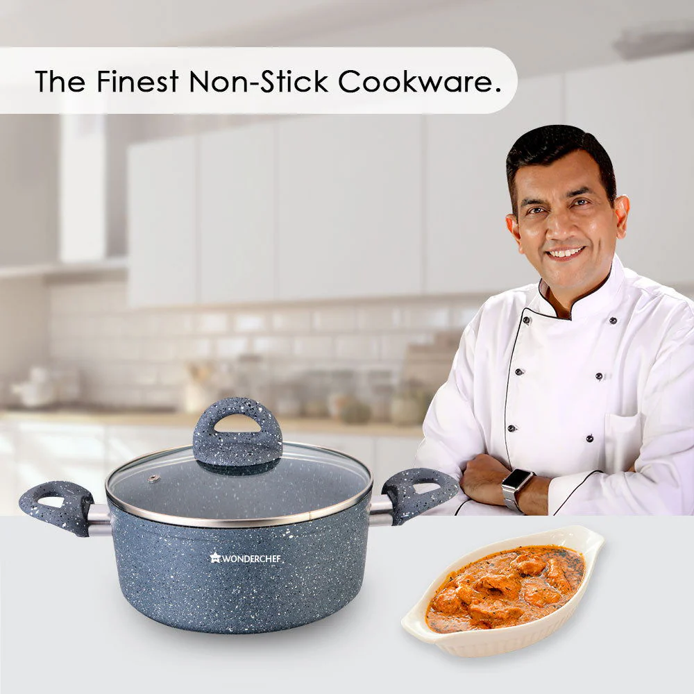 Granite 24 cm Non-Stick Casserole | Glass Lid |Induction Bottom | Soft-Touch Handles | Virgin Aluminium | PFOA and Heavy Metals Free | 3.5mm | 4 liters | 2 Year Warranty | Grey - Image 2