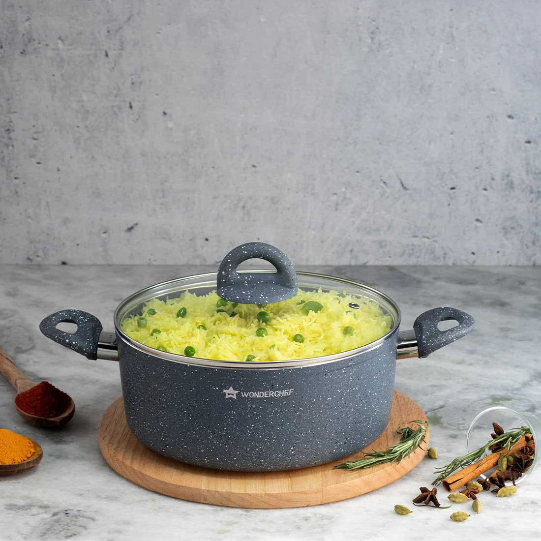 Granite 24 cm Non-Stick Casserole | Glass Lid |Induction Bottom | Soft-Touch Handles | Virgin Aluminium | PFOA and Heavy Metals Free | 3.5mm | 4 liters | 2 Year Warranty | Grey - Image 3