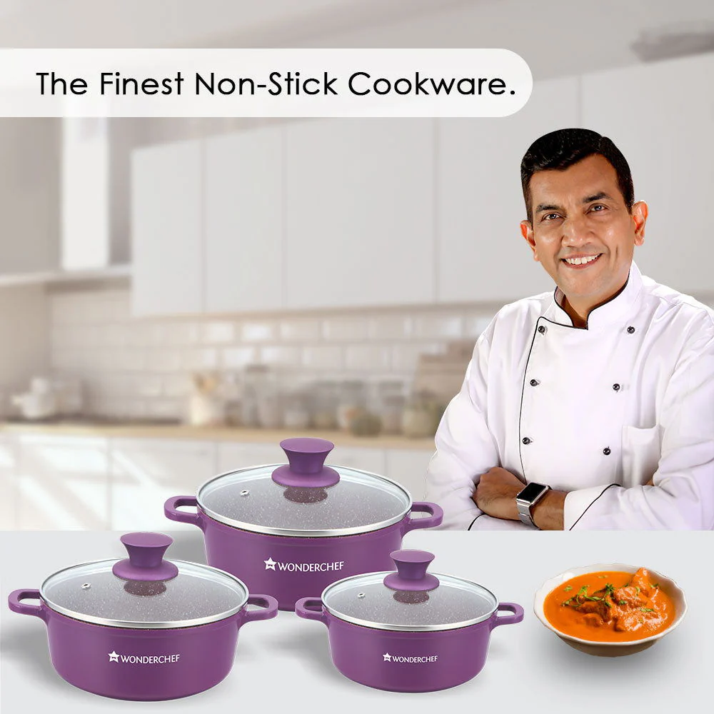Granite Die-Cast Non-stick 6-piece Casserole Set with Lids, Induction bottom, Soft-touch handles, Virgin grade aluminium, PFOA/Heavy metals free, 3.5mm, 2 years warranty, Purple - Image 2