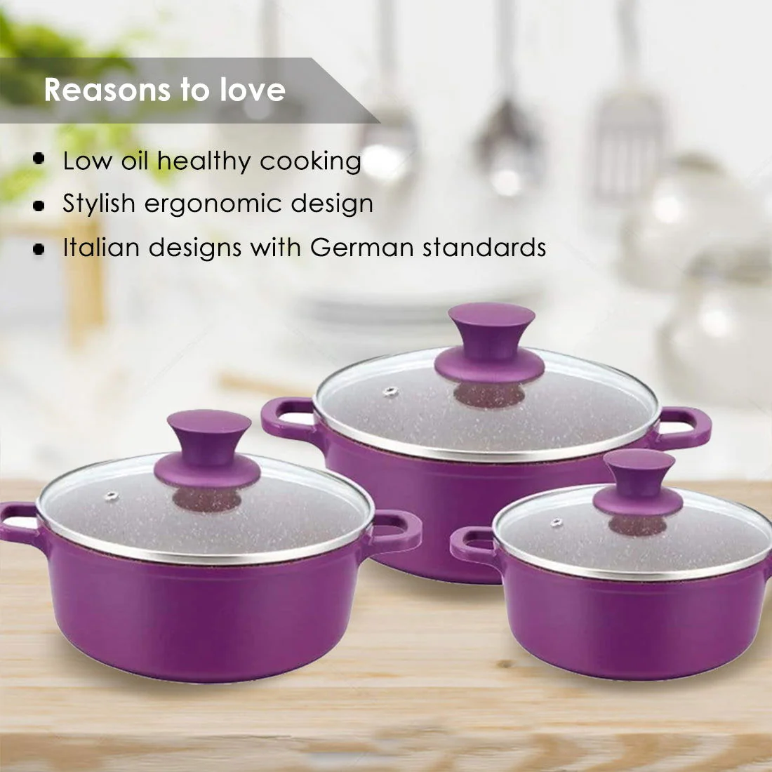 Granite Die-Cast Non-stick 6-piece Casserole Set with Lids, Induction bottom, Soft-touch handles, Virgin grade aluminium, PFOA/Heavy metals free, 3.5mm, 2 years warranty, Purple - Image 4