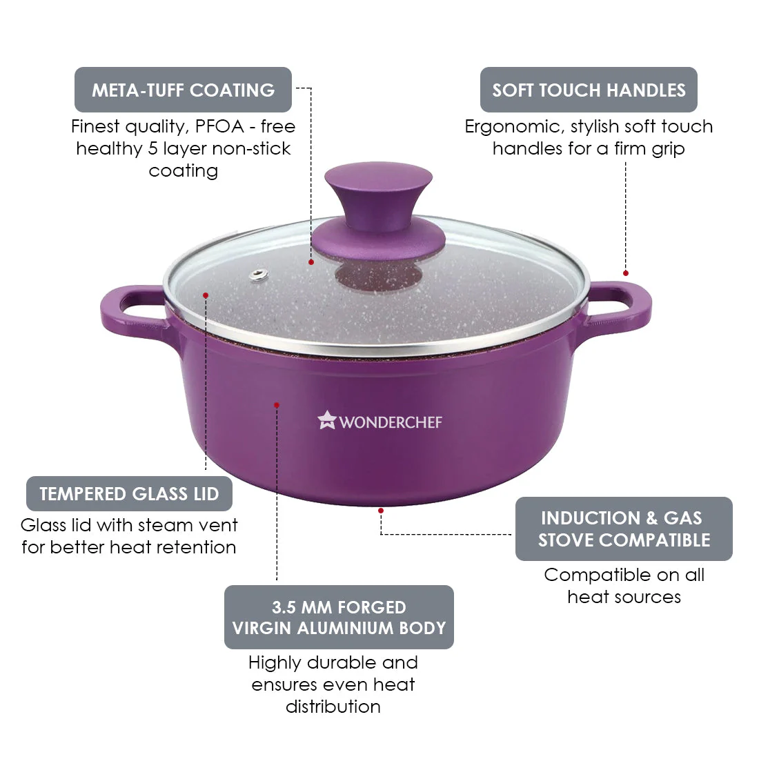 Granite Die-Cast Non-stick 6-piece Casserole Set with Lids, Induction bottom, Soft-touch handles, Virgin grade aluminium, PFOA/Heavy metals free, 3.5mm, 2 years warranty, Purple - Image 5
