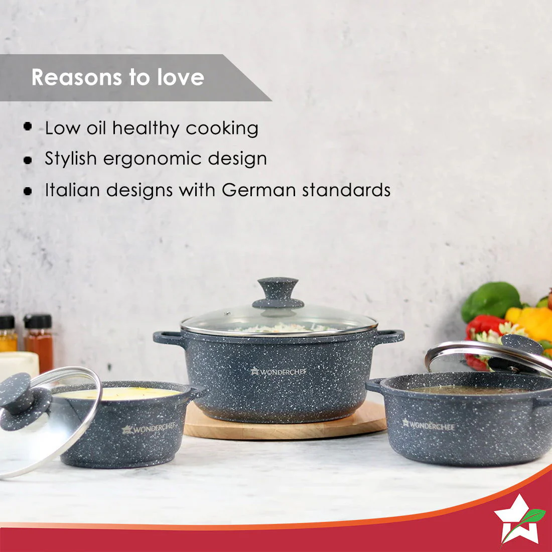 Granite Die-Cast Non-stick Casserole Set, 6Pc (16cm, 20cm, 24cm) Induction Bottom, Soft-touch Handles, Virgin Grade Aluminium, PFOA/Heavy metals free, 3.5mm, 2 years warranty, Black - Image 4
