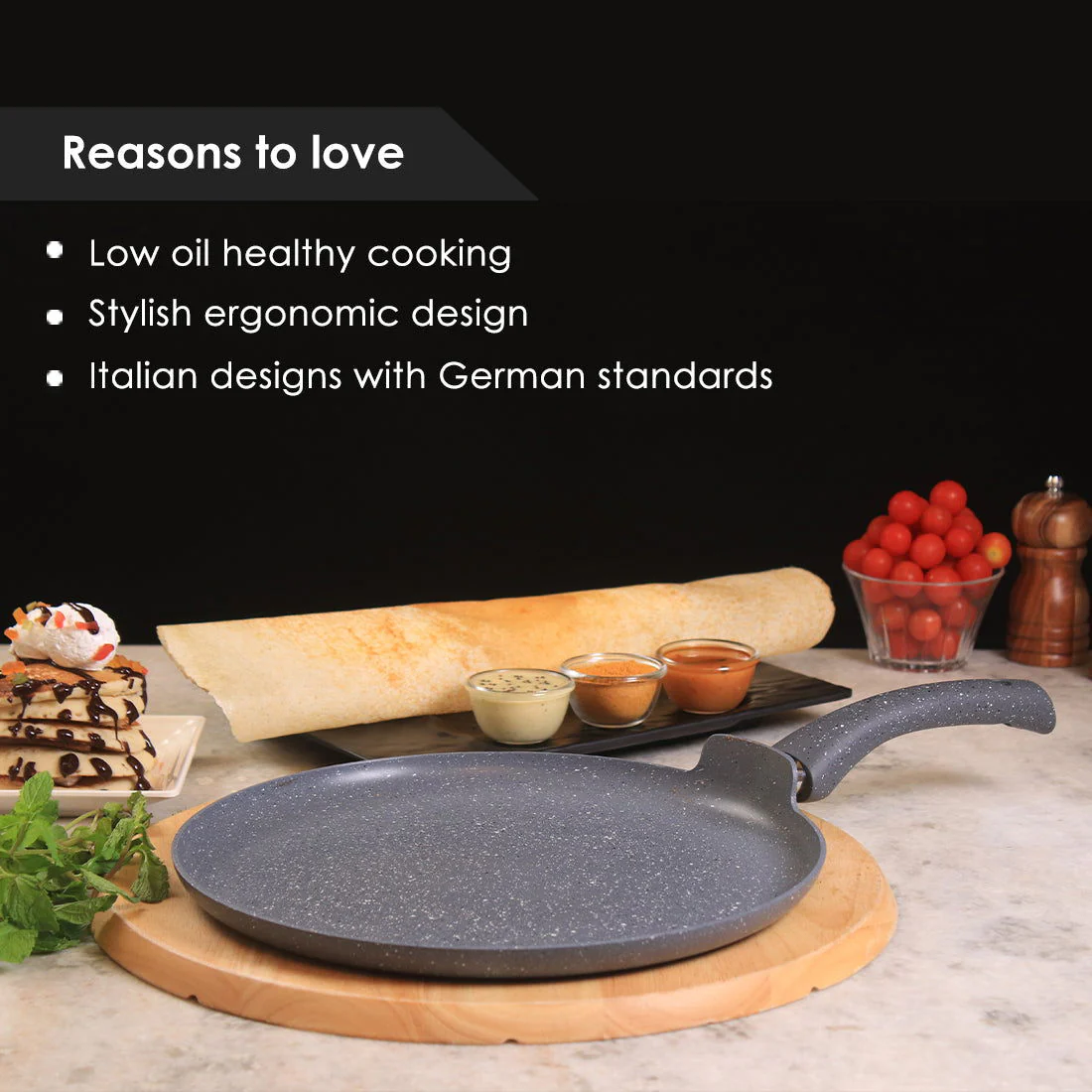 Granite 28cm Non-Stick Dosa Tawa | Induction Bottom | Soft-Touch Handles | Virgin Aluminium | PFOA/Heavy Metals Free | 3.5mm | 2 Year Warranty | Grey - Image 12