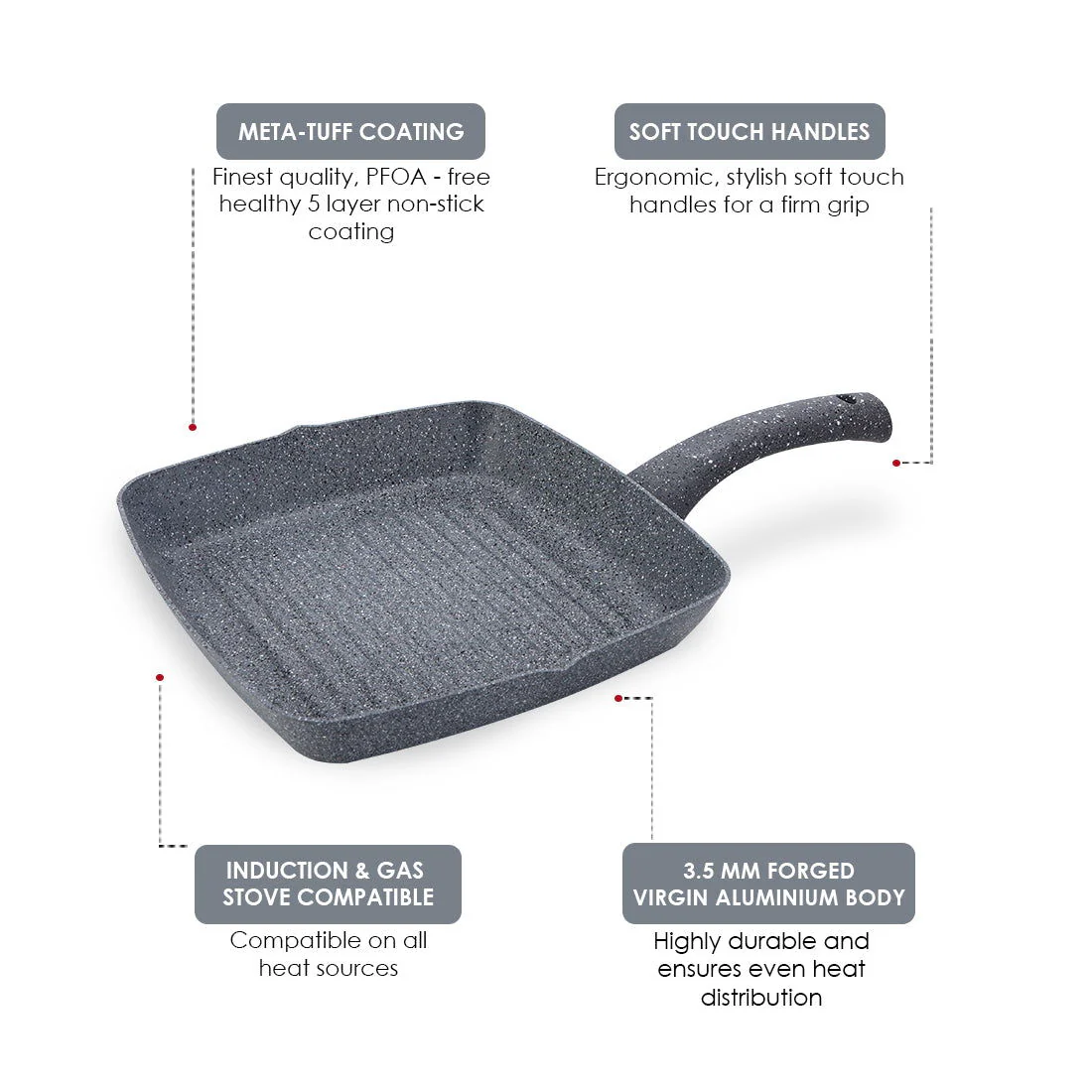 Granite Non-Stick 24cm Grill Pan | Soft-Touch Handles | Virgin Aluminium | PFOA and Heavy Metals Free | 3.5mm Thickness | 1.8 litres | 2 Year Warranty | Grey - Image 11